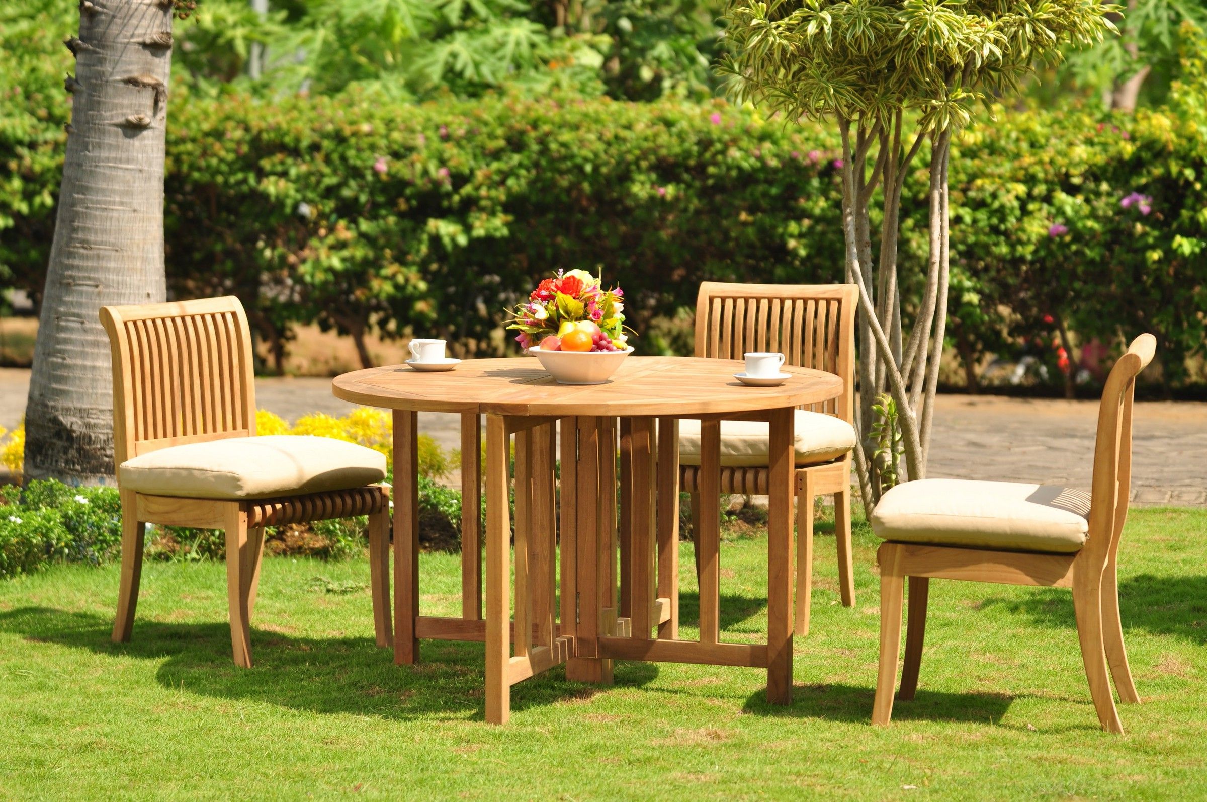 Popular Teak Dining Set: 3 Seater 4 Pc: 48" Round Butterfly Folding Table And 3 Inside Teak Armchair Round Patio Dining Sets (View 10 of 15)