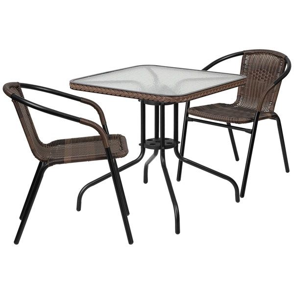 Preferred 3 Piece Bistro Dining Sets Intended For Zata Brown Rattan 3 Piece Indoor Outdoor Square Bistro Dining Set (View 14 of 15)