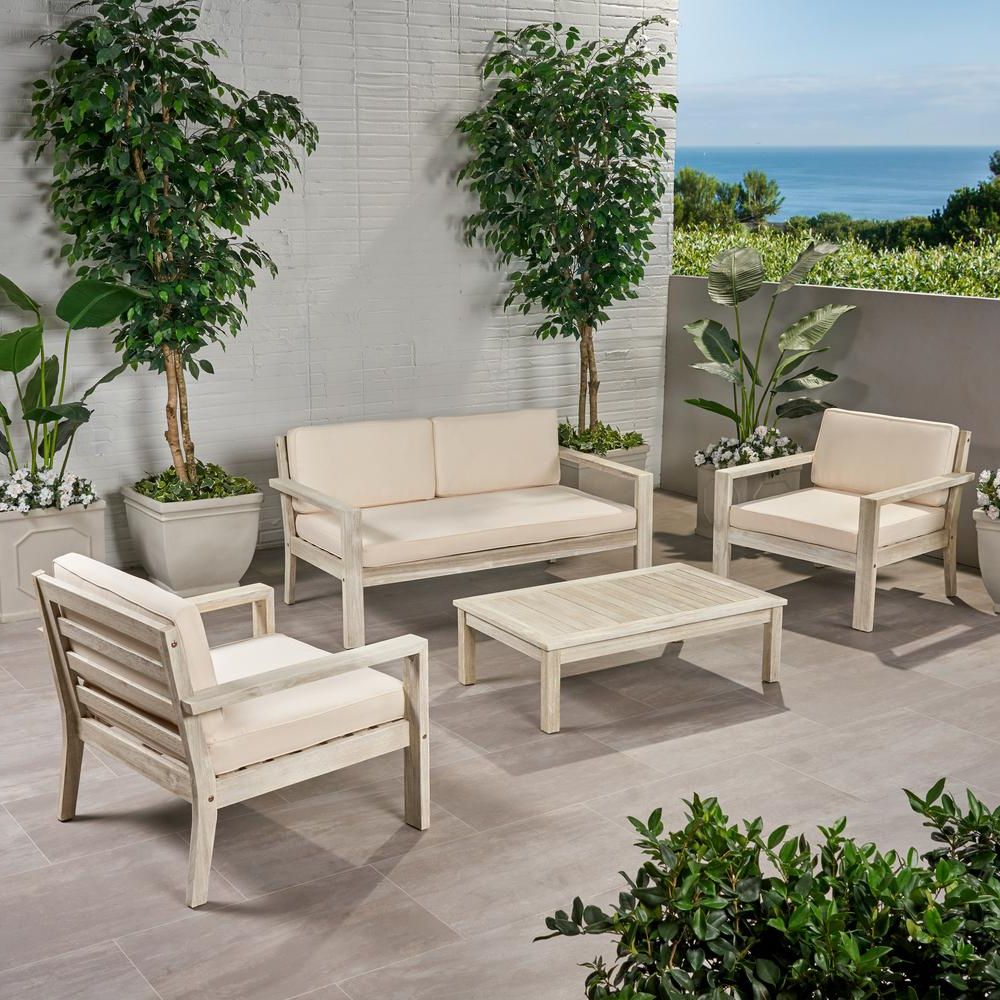 Preferred 4 Piece Gray Outdoor Patio Seating Sets Pertaining To Noble House Santa Ana Brushed Light Grey Washed 4 Piece Wood Patio (View 1 of 15)