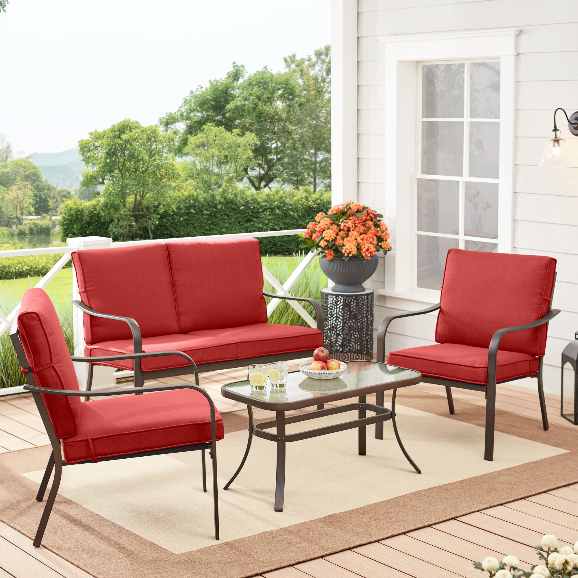 Preferred 4 Piece Gray Outdoor Patio Seating Sets With Regard To Mainstays Stanton 4 Piece Outdoor Patio Conversation Set, Red – Walmart (View 8 of 15)
