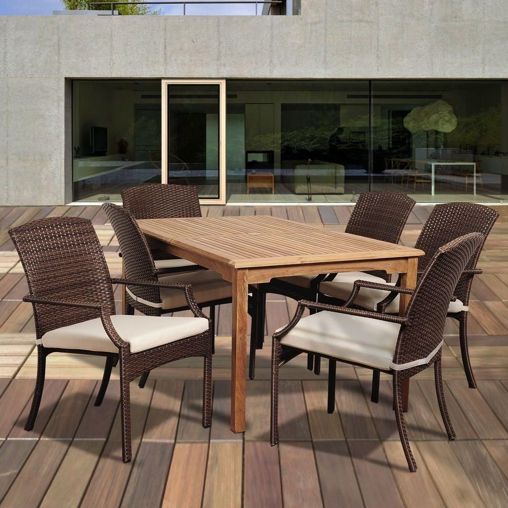 Preferred Amazonia Cocker 7 Piece Teak Rectangular Patio Dining Set With Off Within Off White Cushion Patio Dining Sets (View 1 of 15)