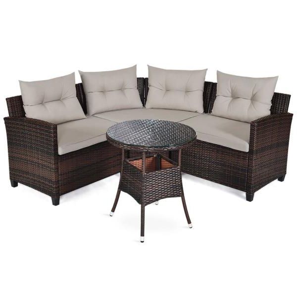 Preferred Costway Dark Brown 4 Piece Metal Wicker Outdoor Sectional Set With Grey For 4 Piece Outdoor Sectional Patio Sets (View 12 of 15)