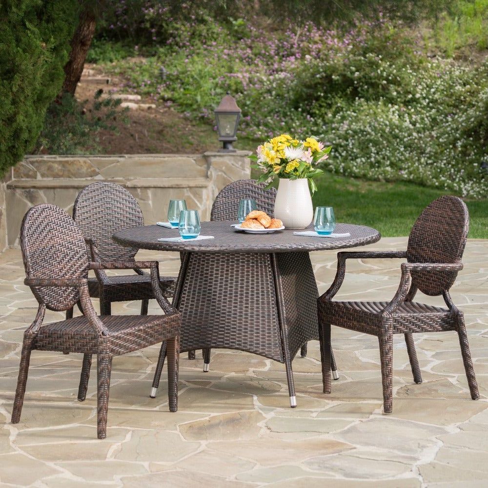 Preferred Dixon Outdoor Round Wicker 5 Piece Dining Set With Umbrella Hole With Regard To Wicker 5 Piece Round Patio Dining Sets (View 3 of 15)