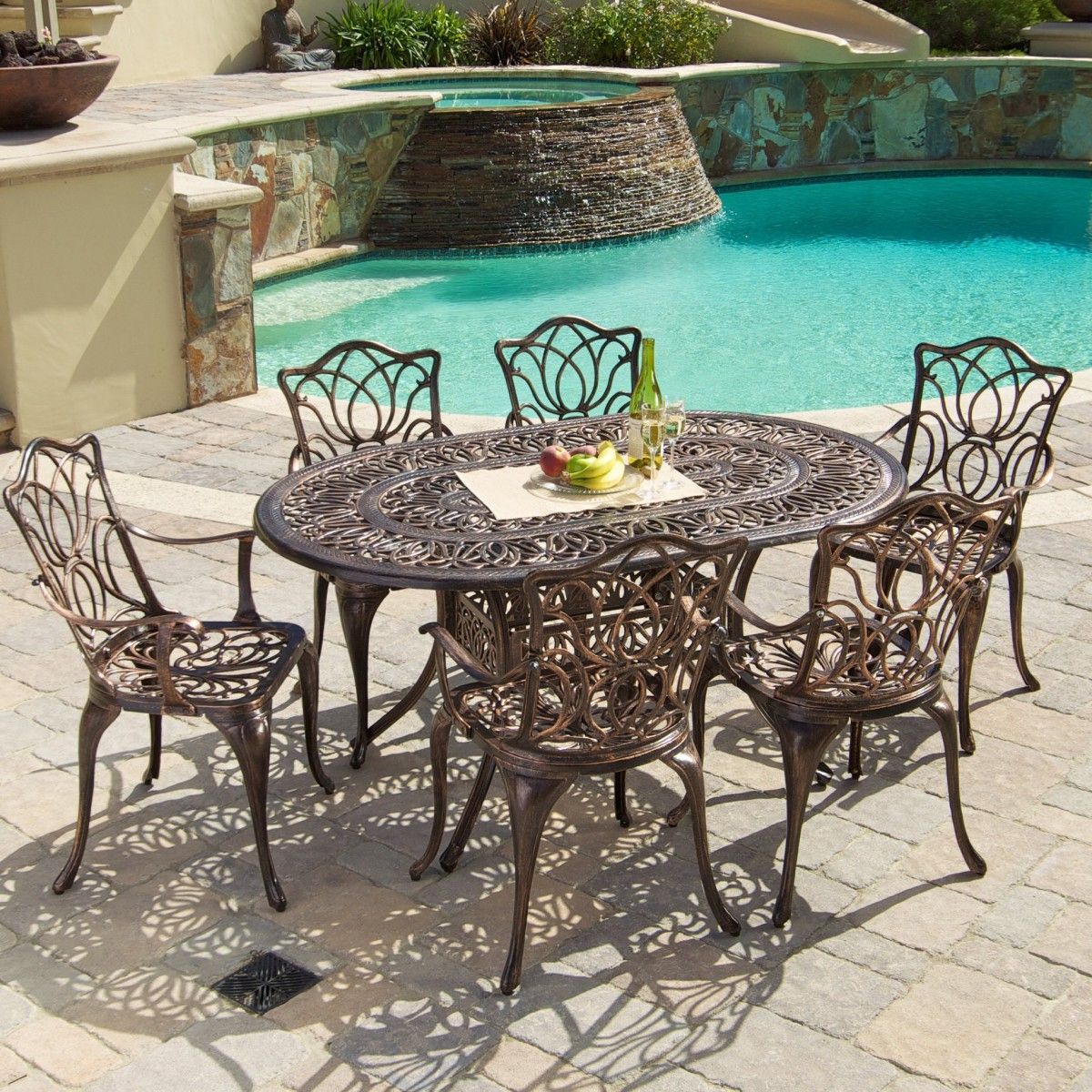 Preferred Gardena Cast Aluminum 7 Piece Outdoor Dining Set With Oval Table Within 7 Piece Outdoor Oval Dining Sets (View 2 of 15)