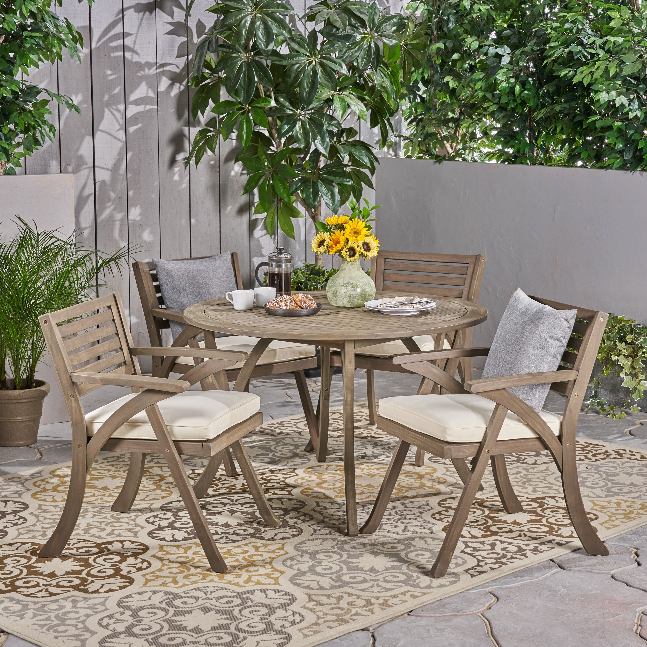 Preferred Jordy Outdoor 5 Piece Acacia Wood Dining Set With Round Table, Gray With Regard To 5 Piece Outdoor Bench Dining Sets (View 3 of 15)