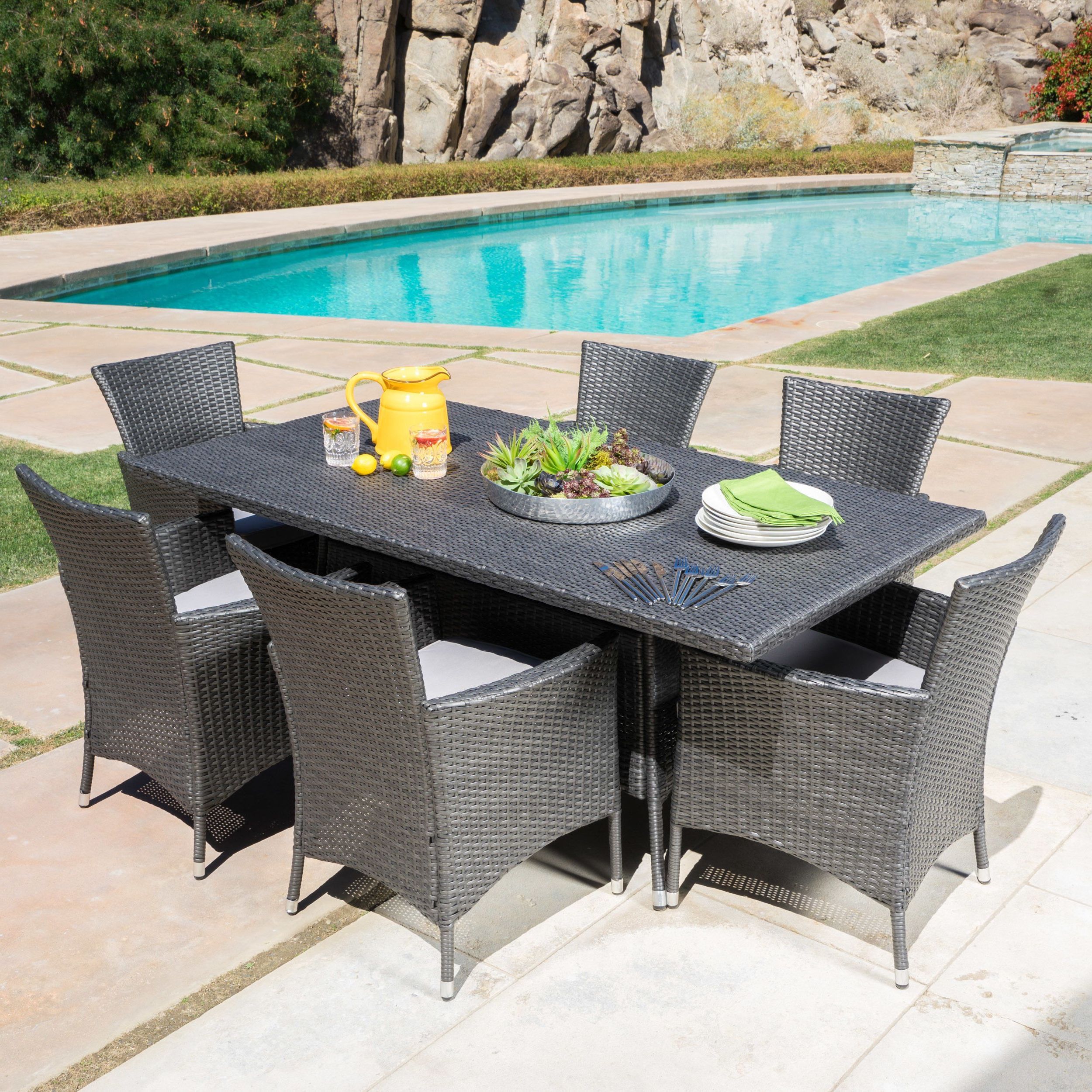 Preferred Malta Outdoor 7 Piece Rectangle Wicker Dining Set With Cushions With Wicker Rectangular Patio Dining Sets (View 6 of 15)