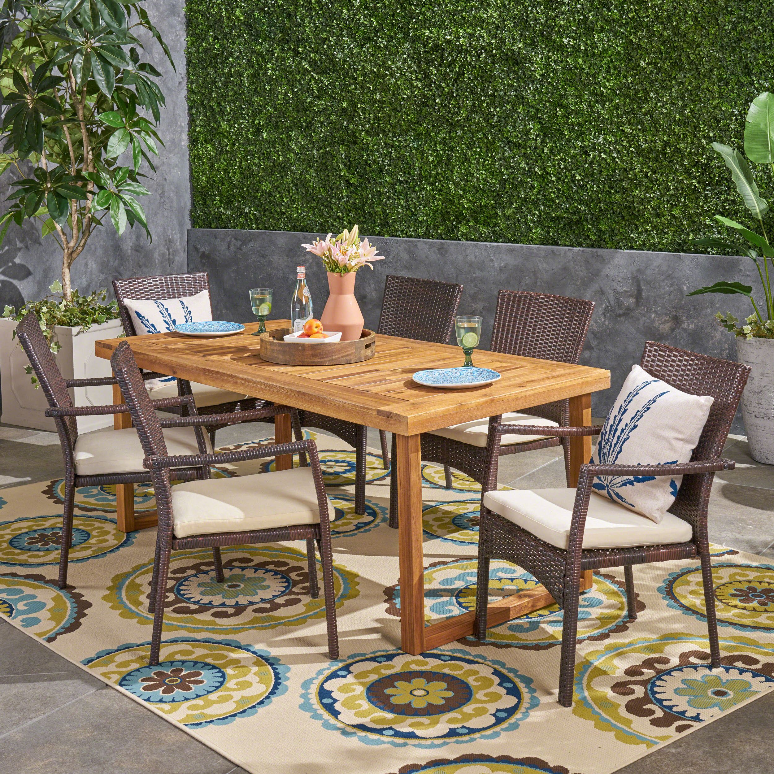Preferred Natural Woven Outdoor Chairs Sets Regarding Lily Outdoor 7 Piece Acacia Wood Dining Set With Wicker Chairs And (View 1 of 15)