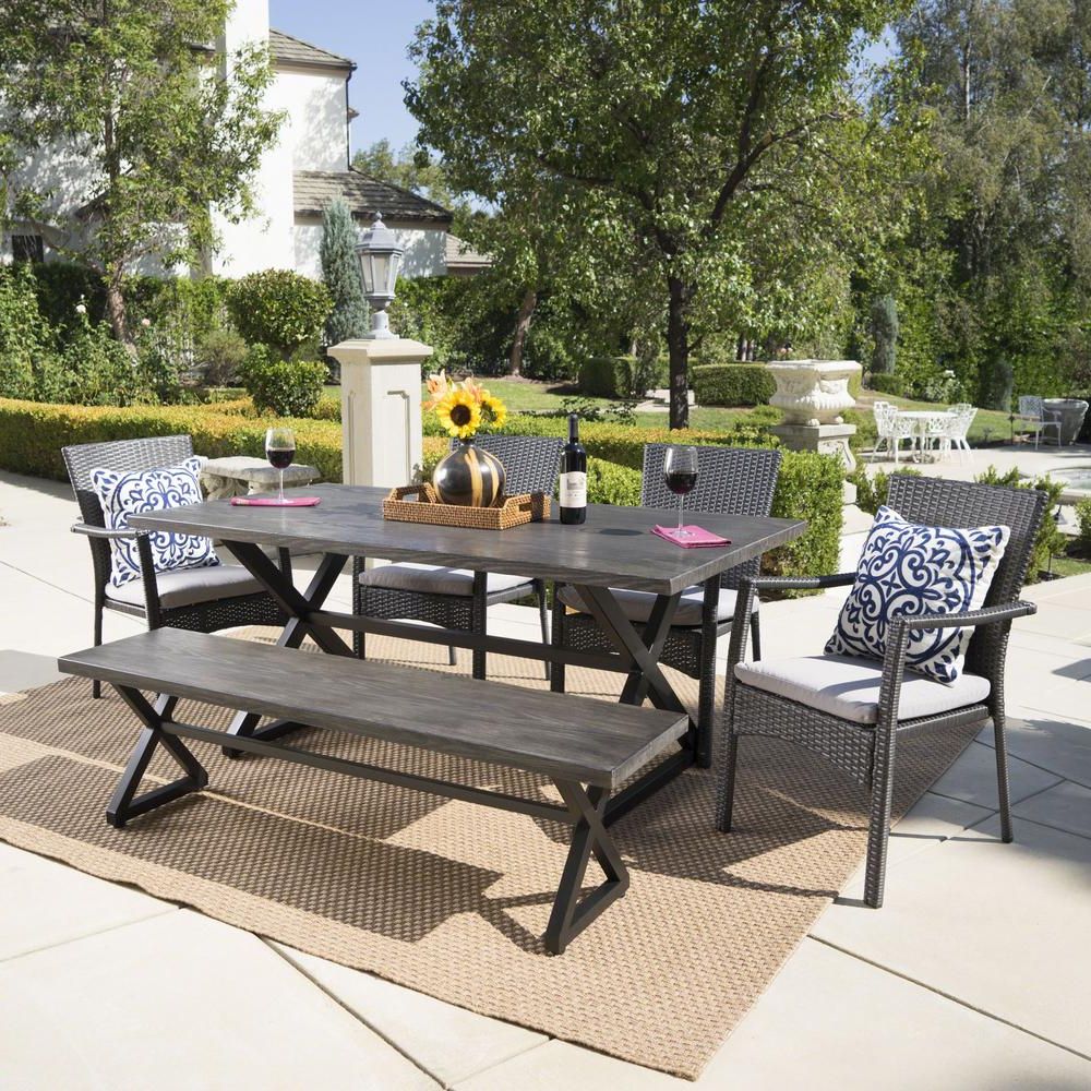 Preferred Noble House Black 6 Piece Wicker And Aluminum Rectangular Outdoor Pertaining To Wicker Rectangular Patio Dining Sets (View 11 of 15)