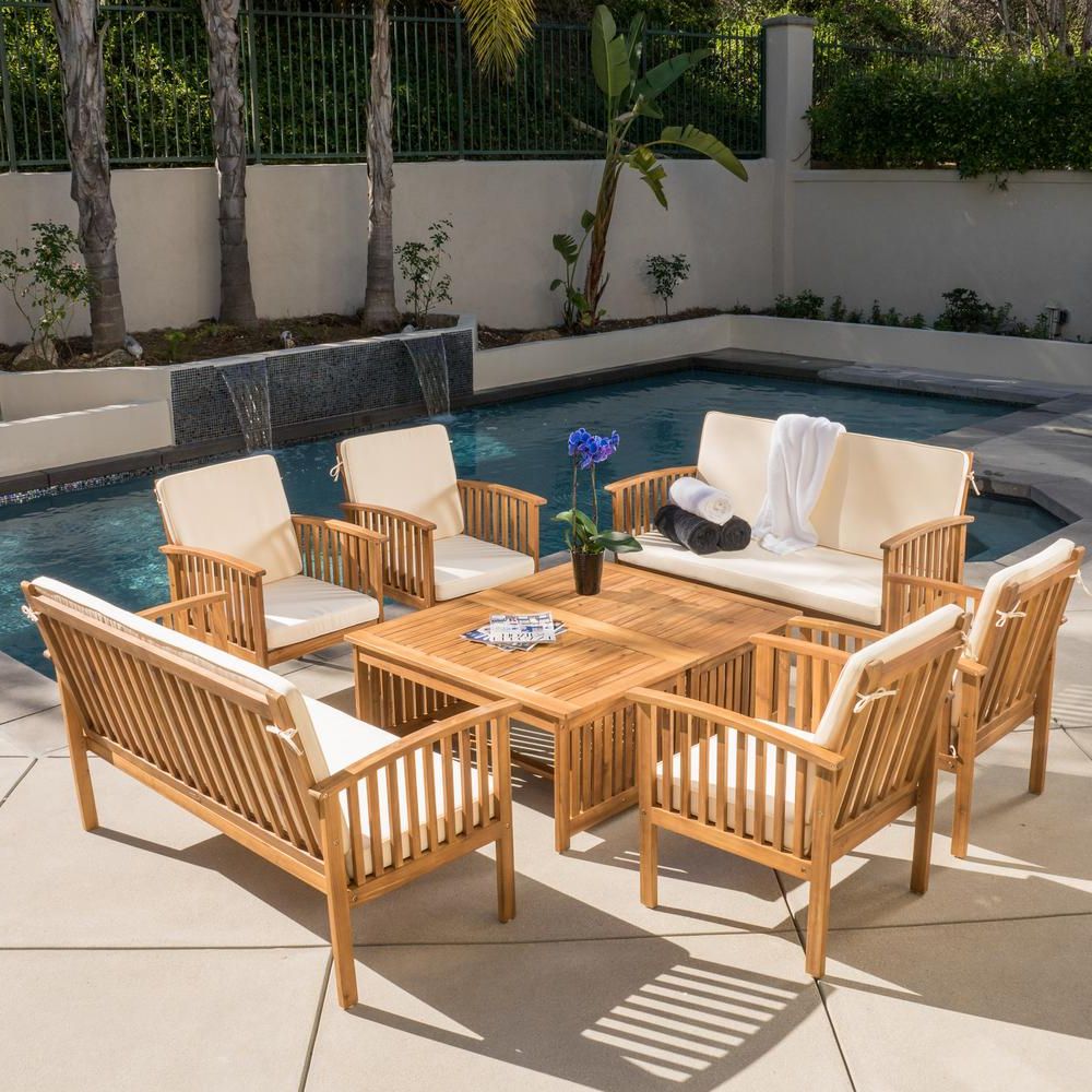 Preferred Noble House Thalia Brown 8 Piece Wood Patio Conversation Set With Cream For Indoor Outdoor Conversation Sets (View 5 of 15)