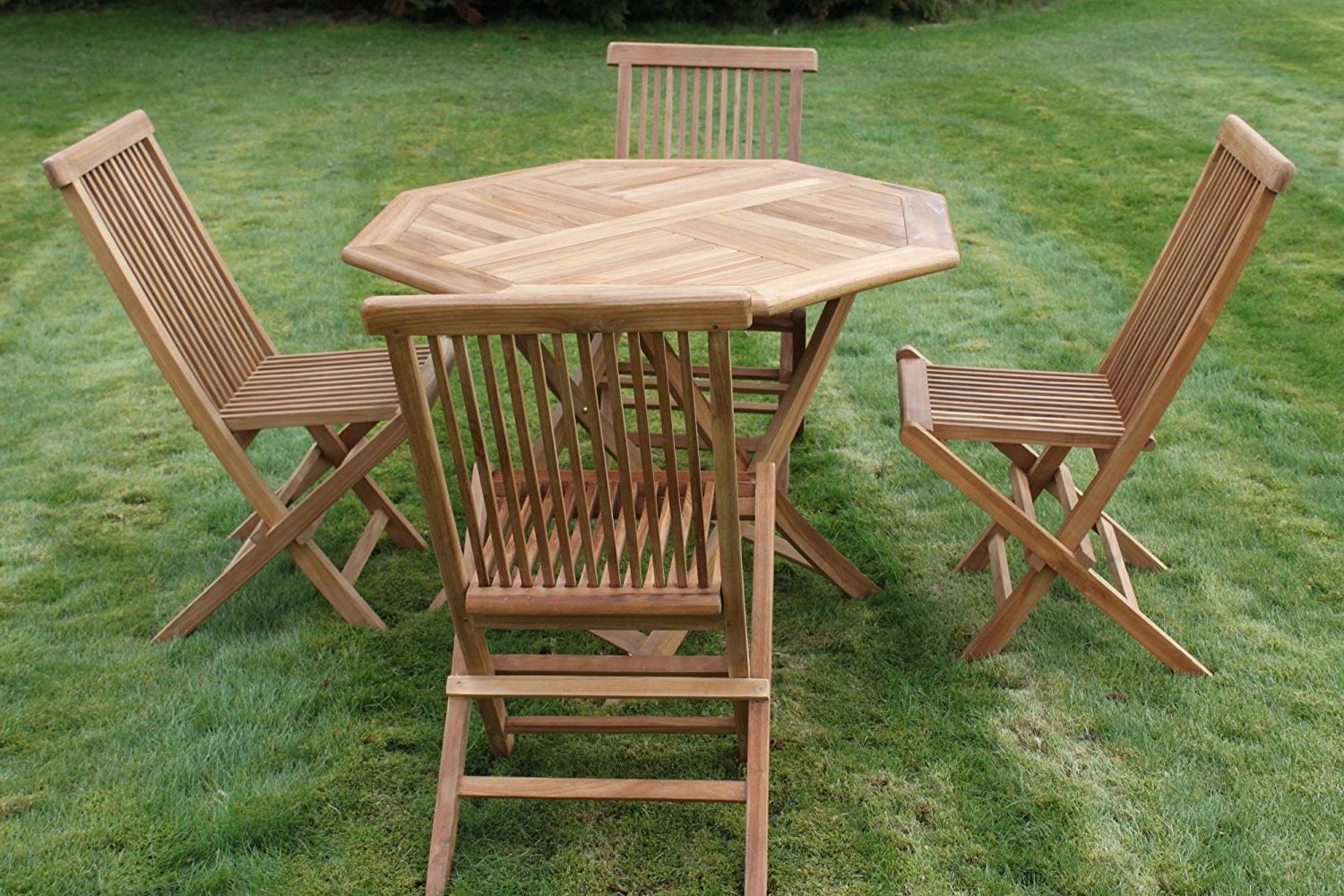 Preferred Solid Teak Octagonal Garden Dining Table And 4 Folding Chairs – Garden Inside Teak Folding Chair Patio Dining Sets (View 2 of 15)