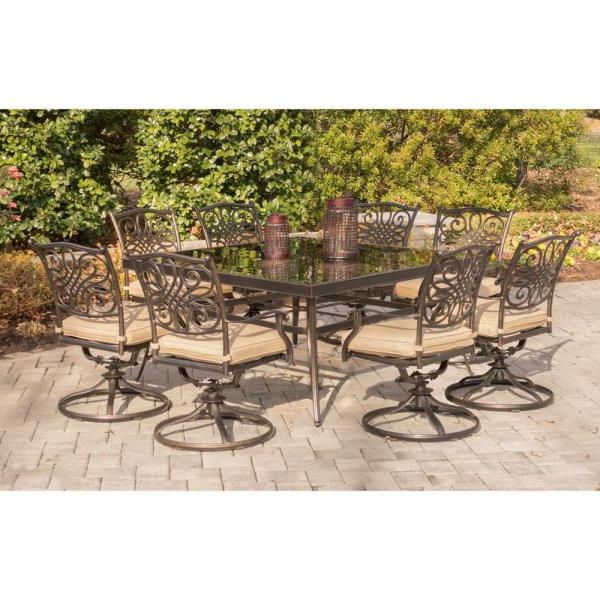 Preferred Square 9 Piece Outdoor Dining Sets Pertaining To Hanover Traditions 9 Piece Aluminum Outdoor Dining Set With Square (View 8 of 15)
