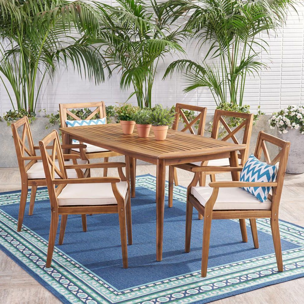Preferred Teak Armchair Round Patio Dining Sets Regarding Noble House Llano Teak Brown 7 Piece Wood Outdoor Dining Set With Cream (View 7 of 15)