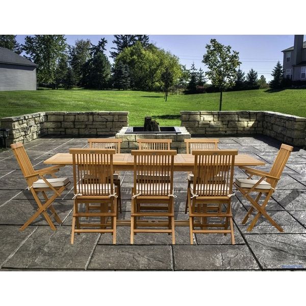 Preferred Teak Outdoor Folding Chairs Sets Throughout 9 Piece Teak Wood Miami Patio Dining Set With Rectangular Extension (View 13 of 15)