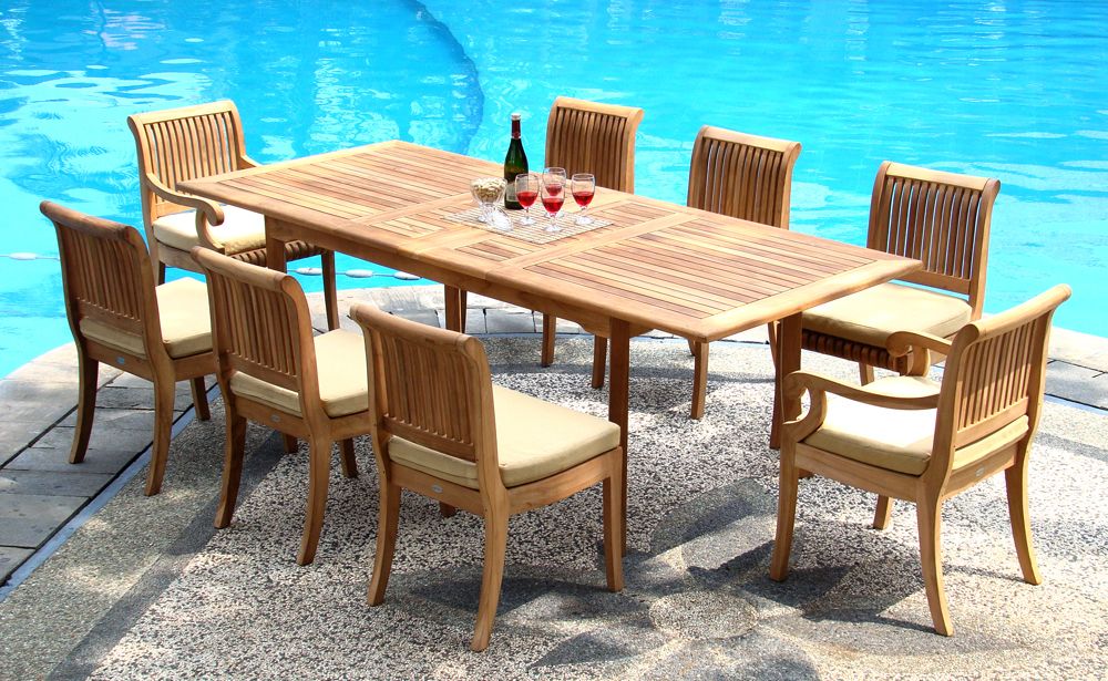 Preferred Teak Wood Rectangular Patio Dining Sets With Regard To Teak Dining Set:8 Seater 9 Pc – 94" Double Extension Rectangle Table (View 11 of 15)
