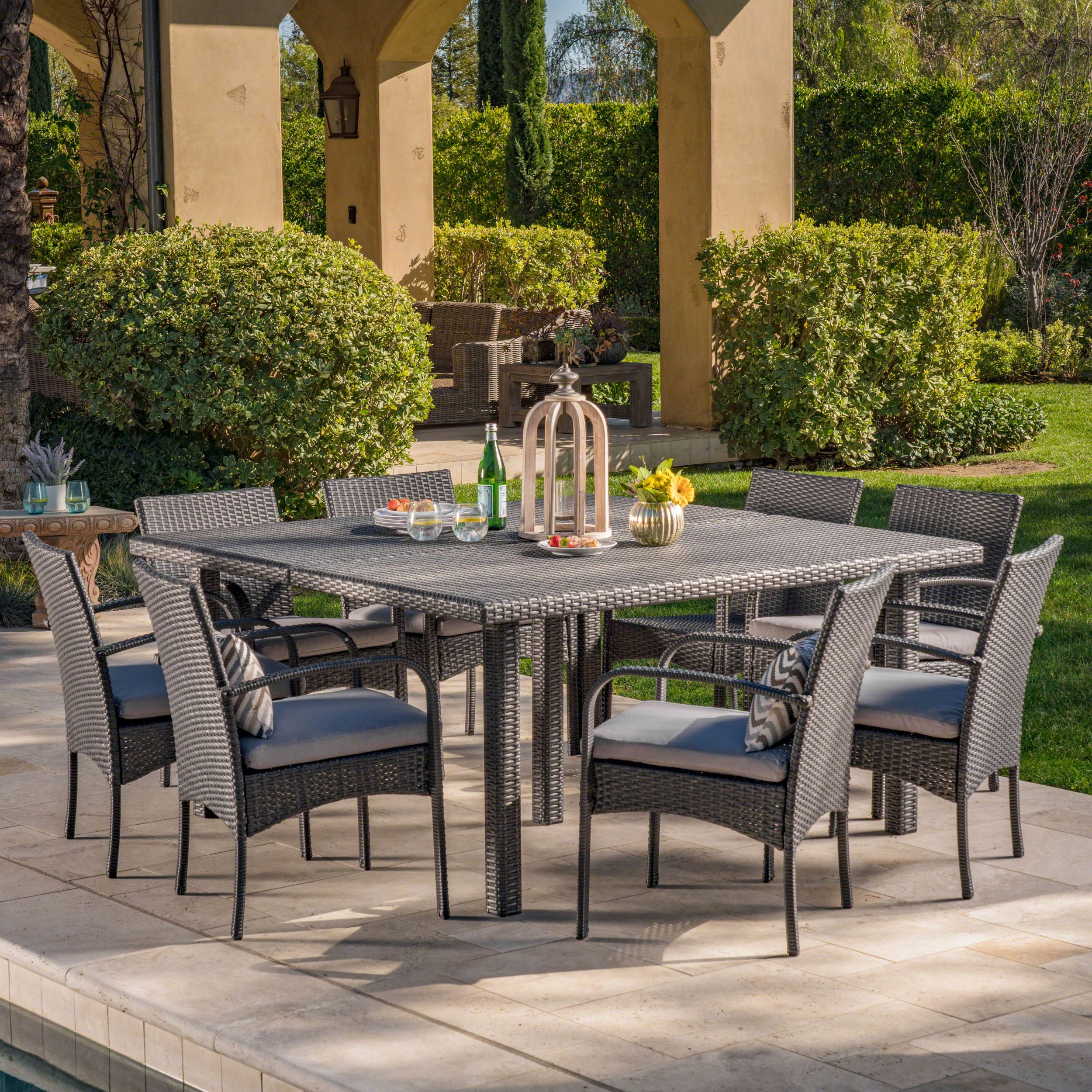 Recent Coral Outdoor 9 Piece Grey Wicker Square Dining Set With Grey Water In 9 Piece Extendable Patio Dining Sets (View 11 of 15)