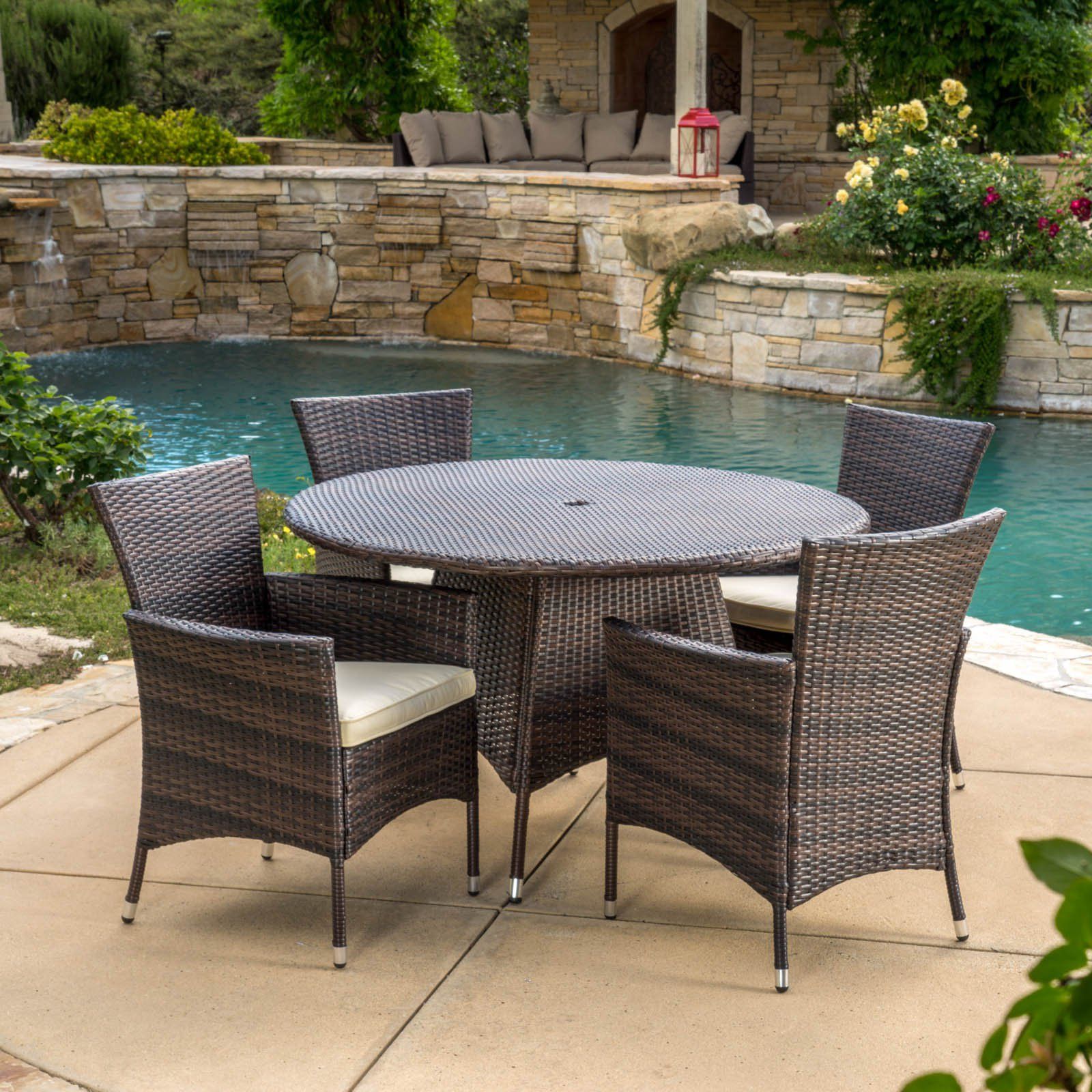 Recent Madison Wicker 5 Piece Round Patio Dining Set With Cushions – Walmart Pertaining To Rattan Wicker Outdoor Seating Sets (View 7 of 15)