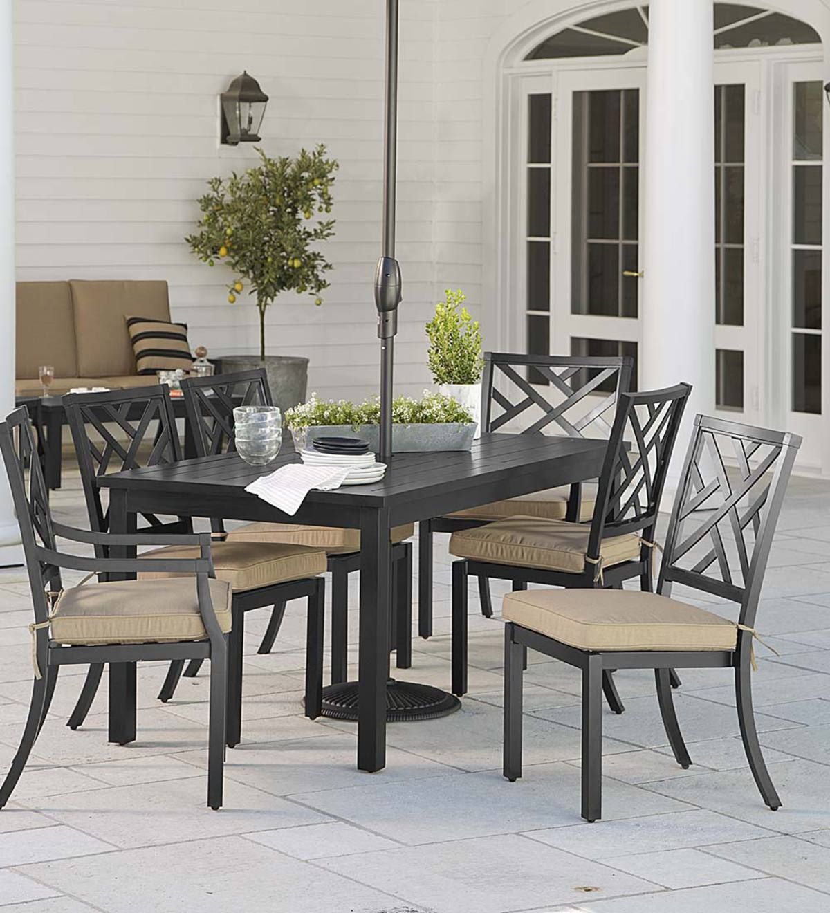 Recent Off White Cushion Patio Dining Sets With Regard To Chippendale Outdoor Dining Set With Cushions – Black With Heather Beige (View 15 of 15)
