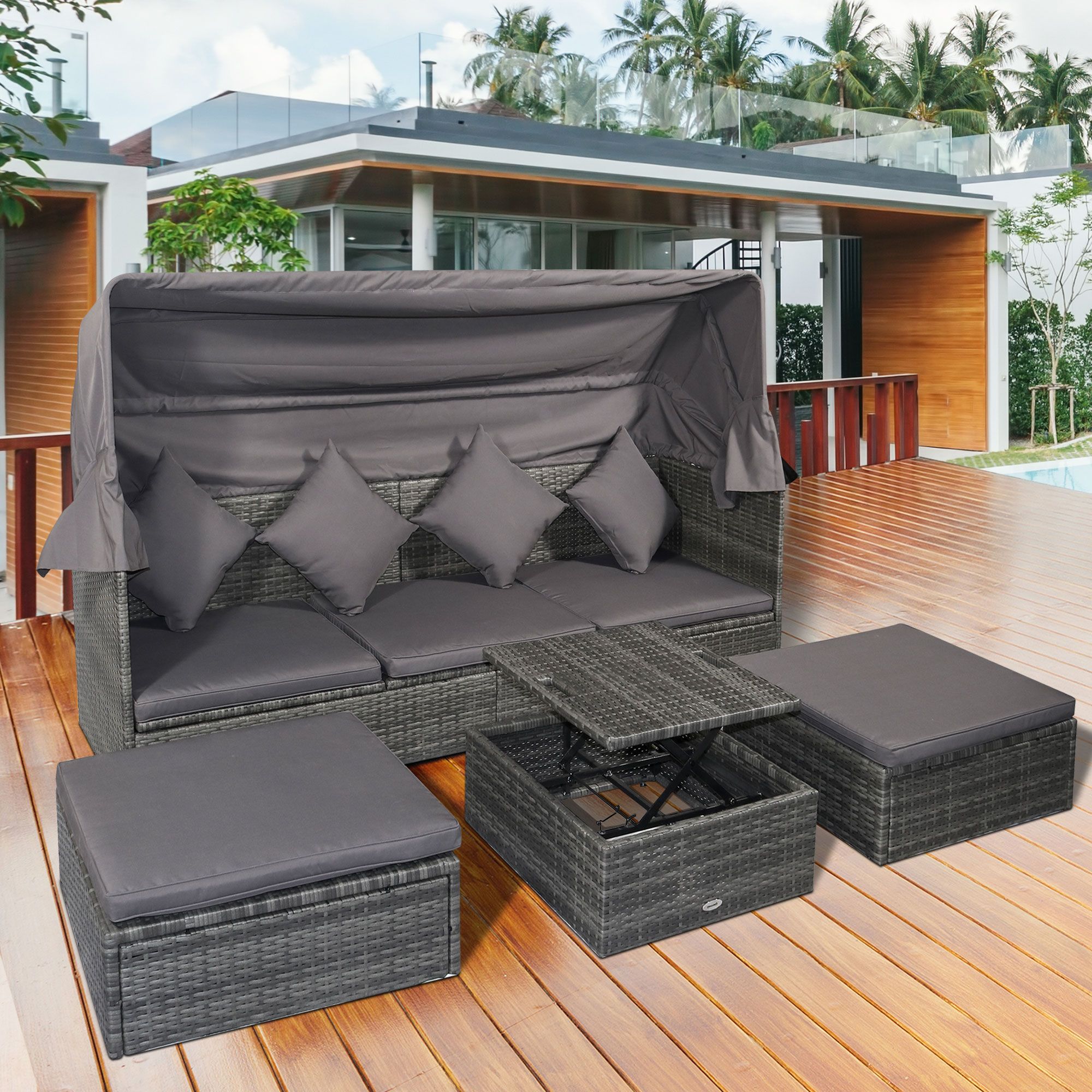 Recent Outsunny 4 Piece Outdoor Rattan Wicker Sofa Set Adjustable Conopy Throughout Gray Outdoor Table And Loveseat Sets (View 14 of 15)