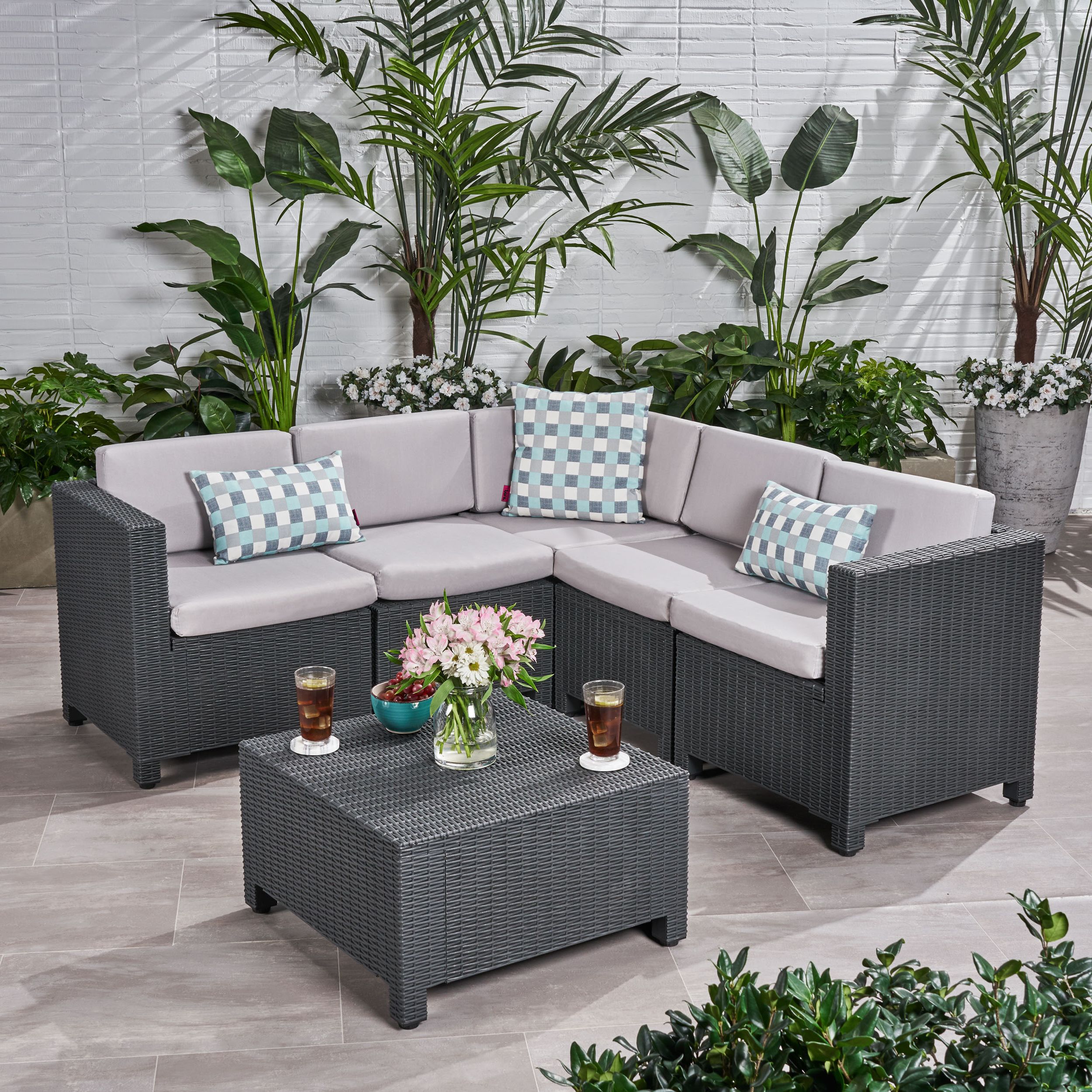 Recent Primrose Outdoor All Weather Faux Wicker 5 Seater Sectional Sofa Set For Gray All Weather Outdoor Seating Patio Sets (View 5 of 15)