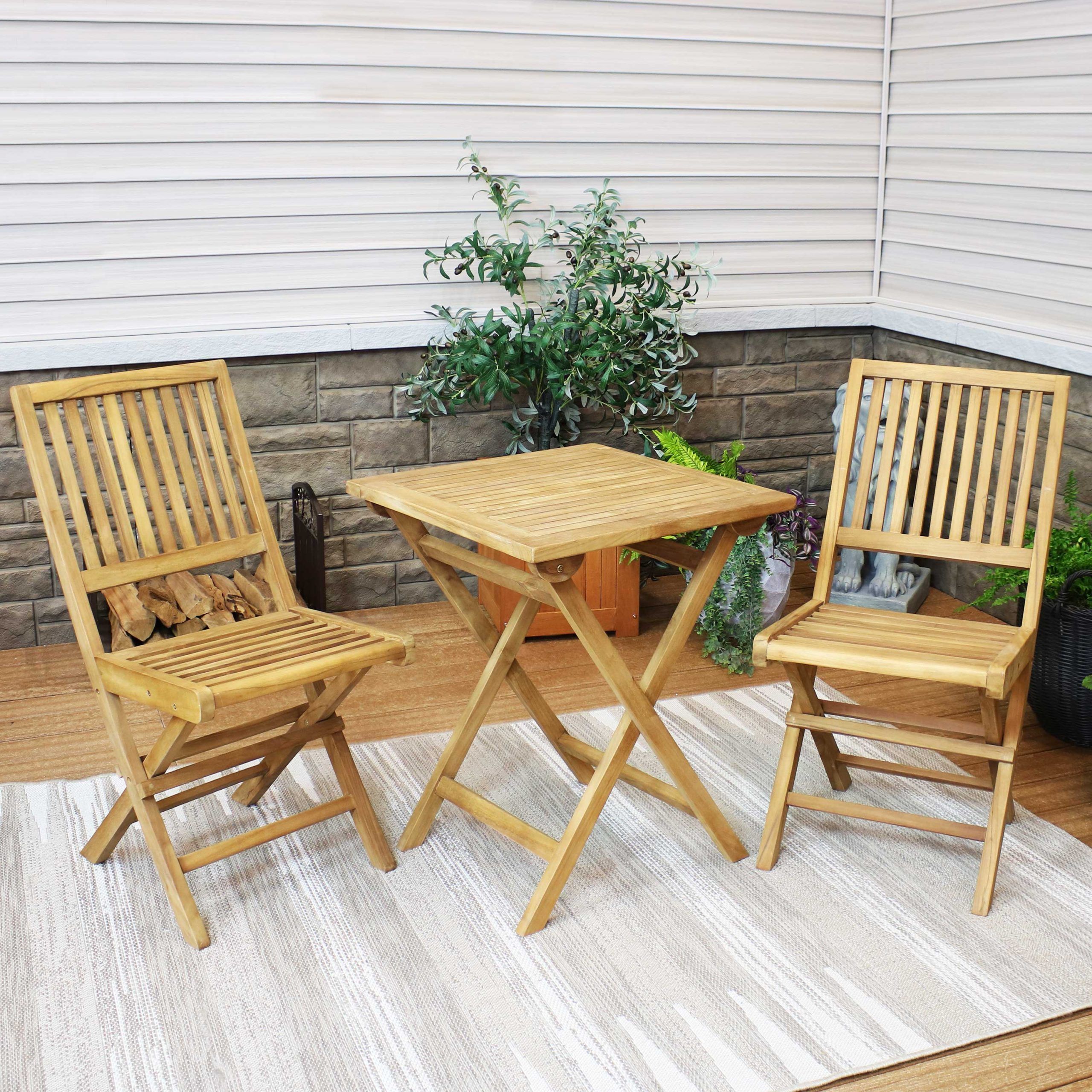 Recent Teak Wood Outdoor Table And Chairs Sets Intended For Sunnydaze Nantasket 3 Piece Solid Teak Outdoor Folding Bistro Set –  (View 8 of 15)