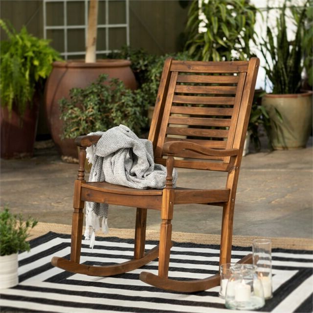 Recent Walker Edison Owrcdb Solid Acacia Wood Dark Brown Rocking Patio Chair Intended For Dark Brown Wood Outdoor Chairs (View 7 of 15)