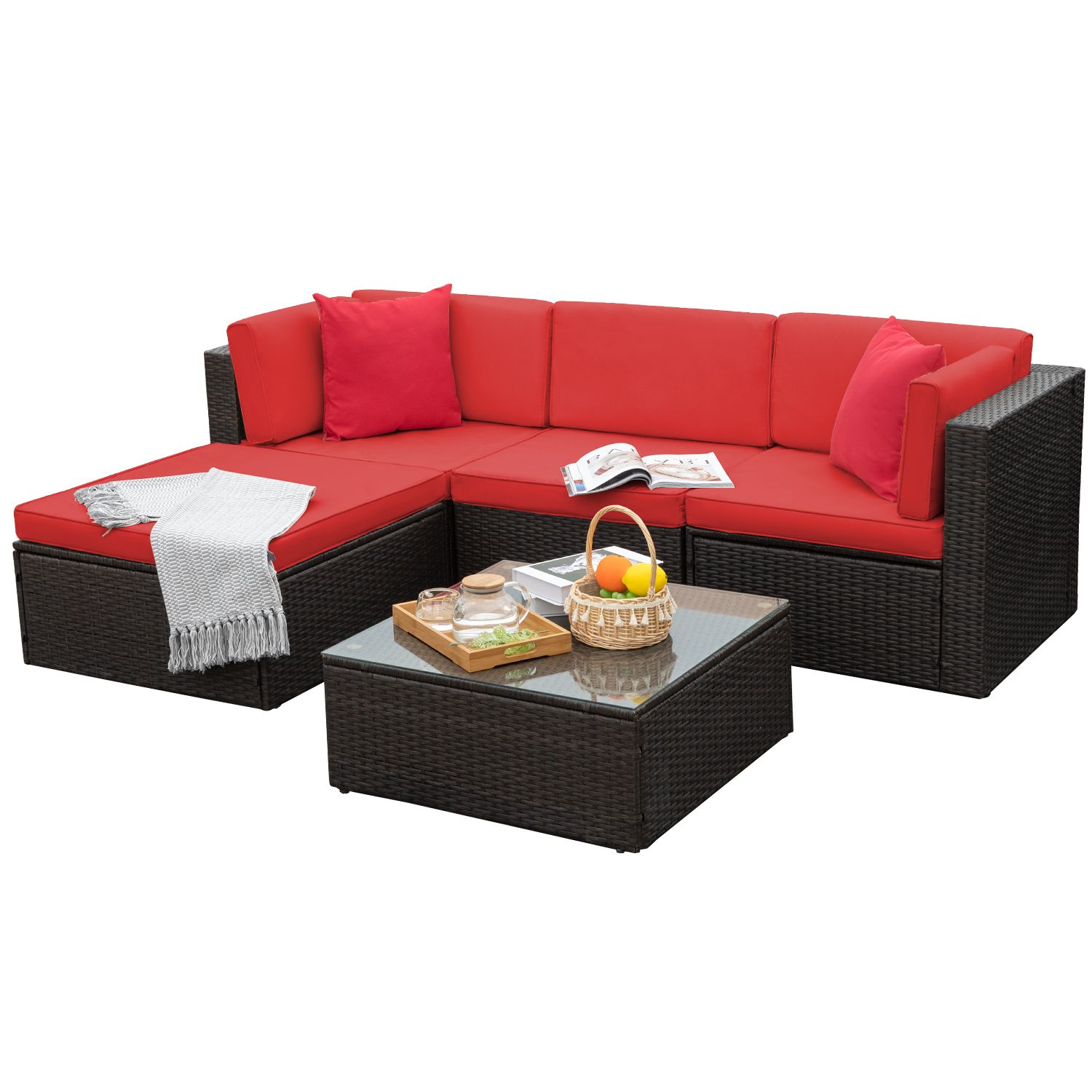 Recent Walnew 5 Pieces Outdoor Patio Sectional Sofa Sets All Weather Pe Rattan Inside Red Loveseat Outdoor Conversation Sets (View 2 of 15)