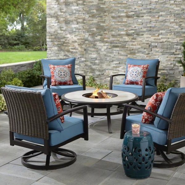 Recent Whitfield 5 Piece Dark Brown Metal Patio Round Fire Pit Seating Set W With Dark Brown Patio Chairs With Cushions (View 11 of 15)