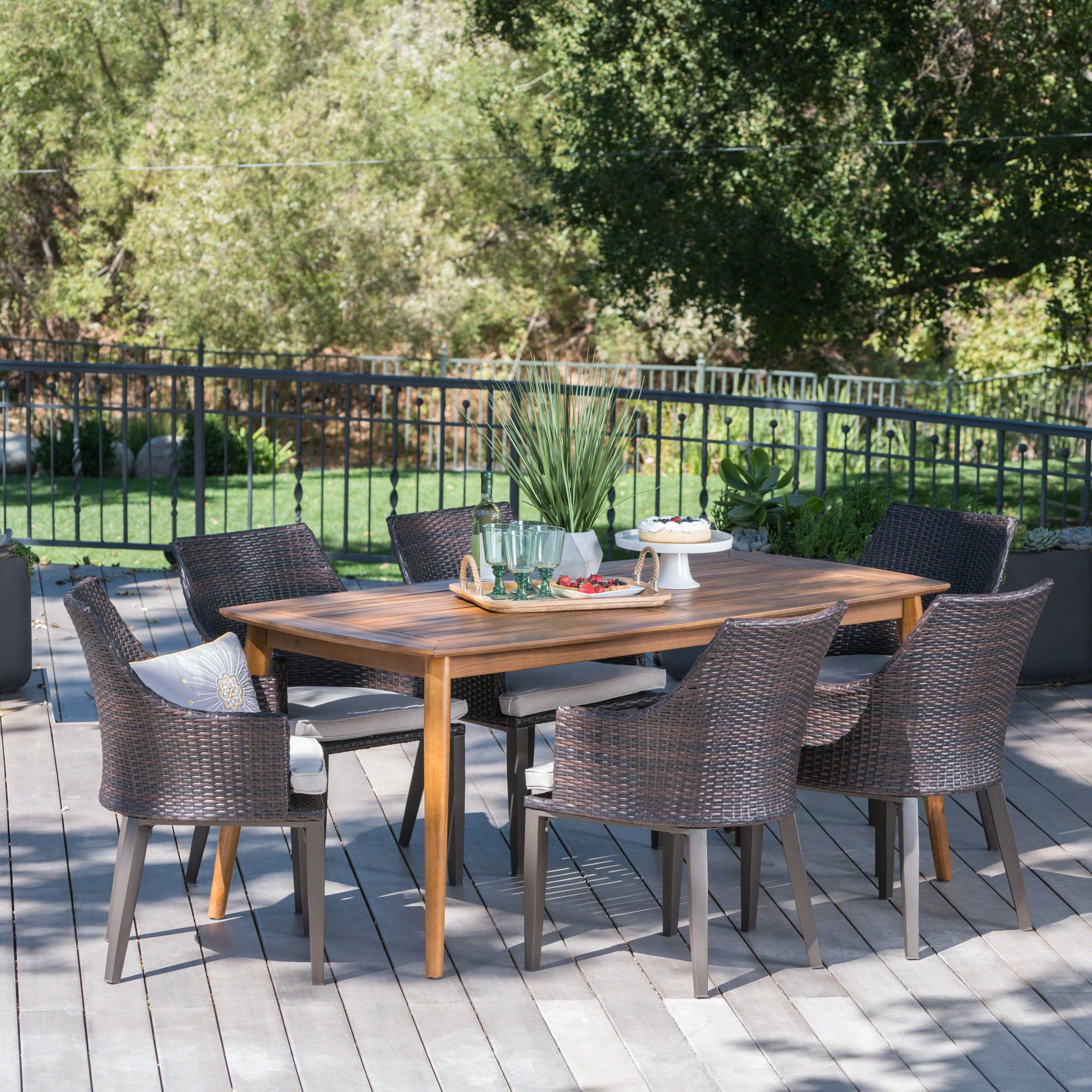 Rectangular Outdoor Patio Dining Sets With Widely Used Alexa Outdoor 7 Piece Wicker Rectangular Dining Set With Acacia Wood (View 6 of 15)