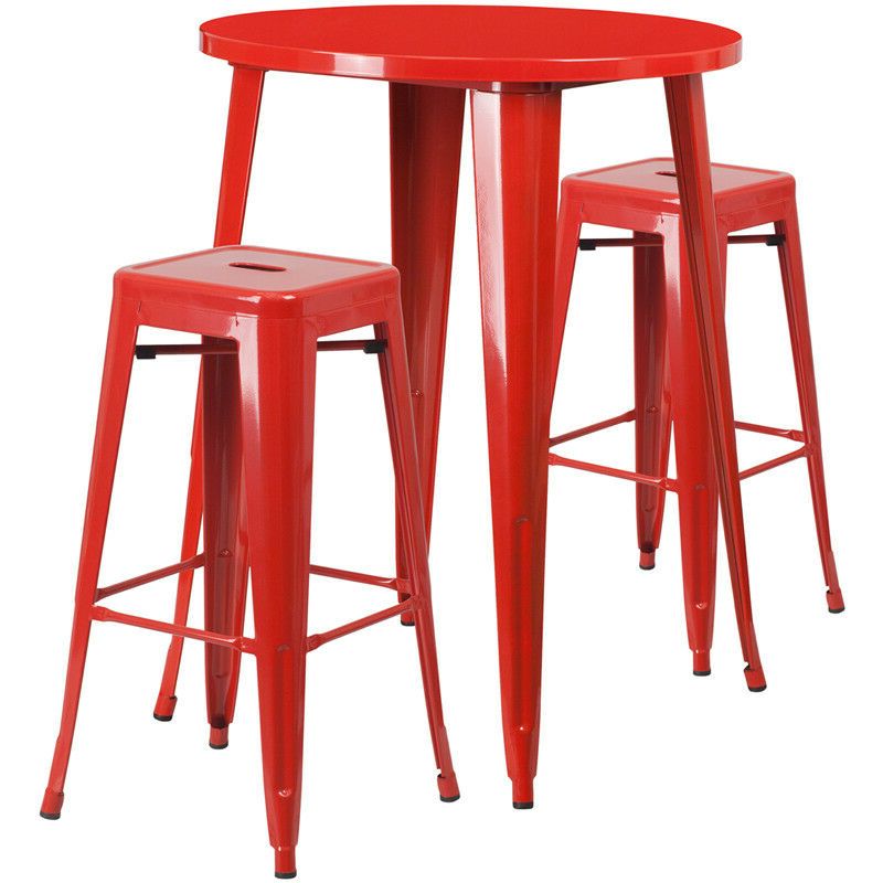 Red Metal Outdoor Table And Chairs Sets Inside Widely Used 30'' Round Red Metal Indoor Outdoor Bar Table Set With 2 Square Seat (View 11 of 15)