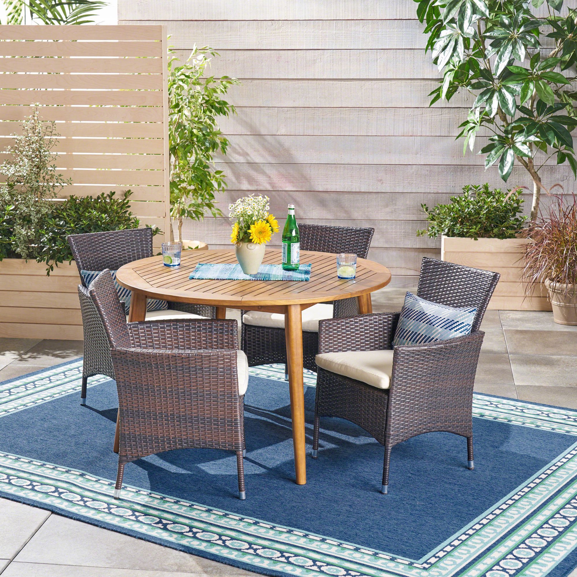 Round 5 Piece Outdoor Patio Dining Sets Inside Well Liked 5 Piece Brown Wicker Finish Round Outdoor Furniture Patio Dining Set (View 3 of 15)