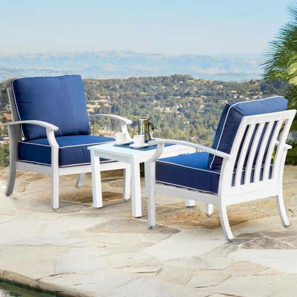 Royal Garden Bridgeport White 3 Piece Aluminum Patio Seating Set With Pertaining To Recent Blue 3 Piece Outdoor Seating Sets (View 8 of 15)