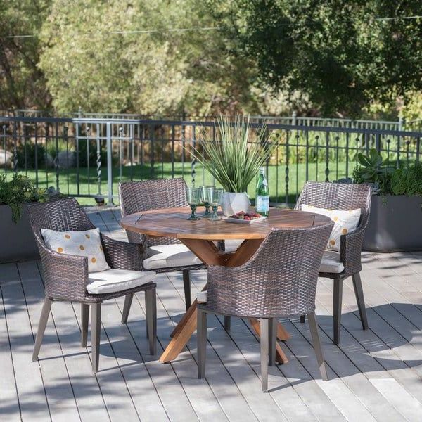 Ryan Outdoor 5 Piece Round Wicker Wood Dining Set With Cushions Pertaining To Trendy Gray Wicker 5 Piece Round Patio Dining Sets (View 15 of 15)