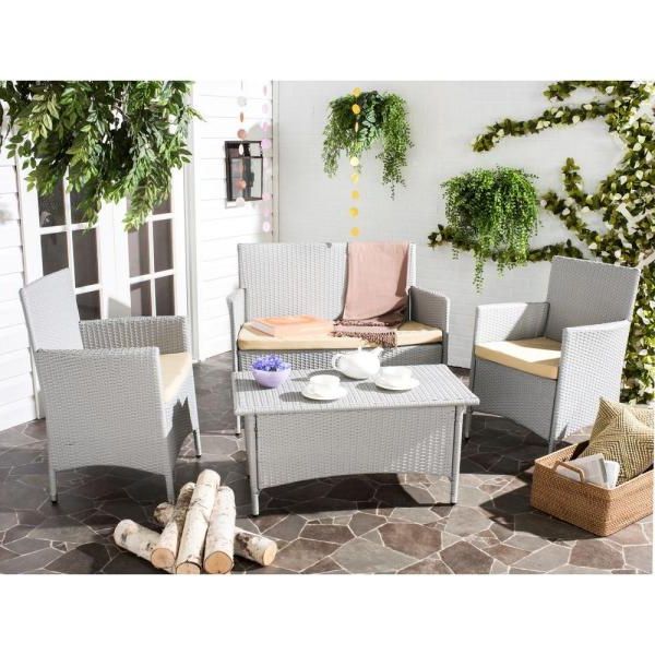 Safavieh Mojavi 4 Piece Wicker Patio Seating Set With Light Gray Throughout 2020 4 Piece Wicker Outdoor Seating Sets (View 1 of 15)