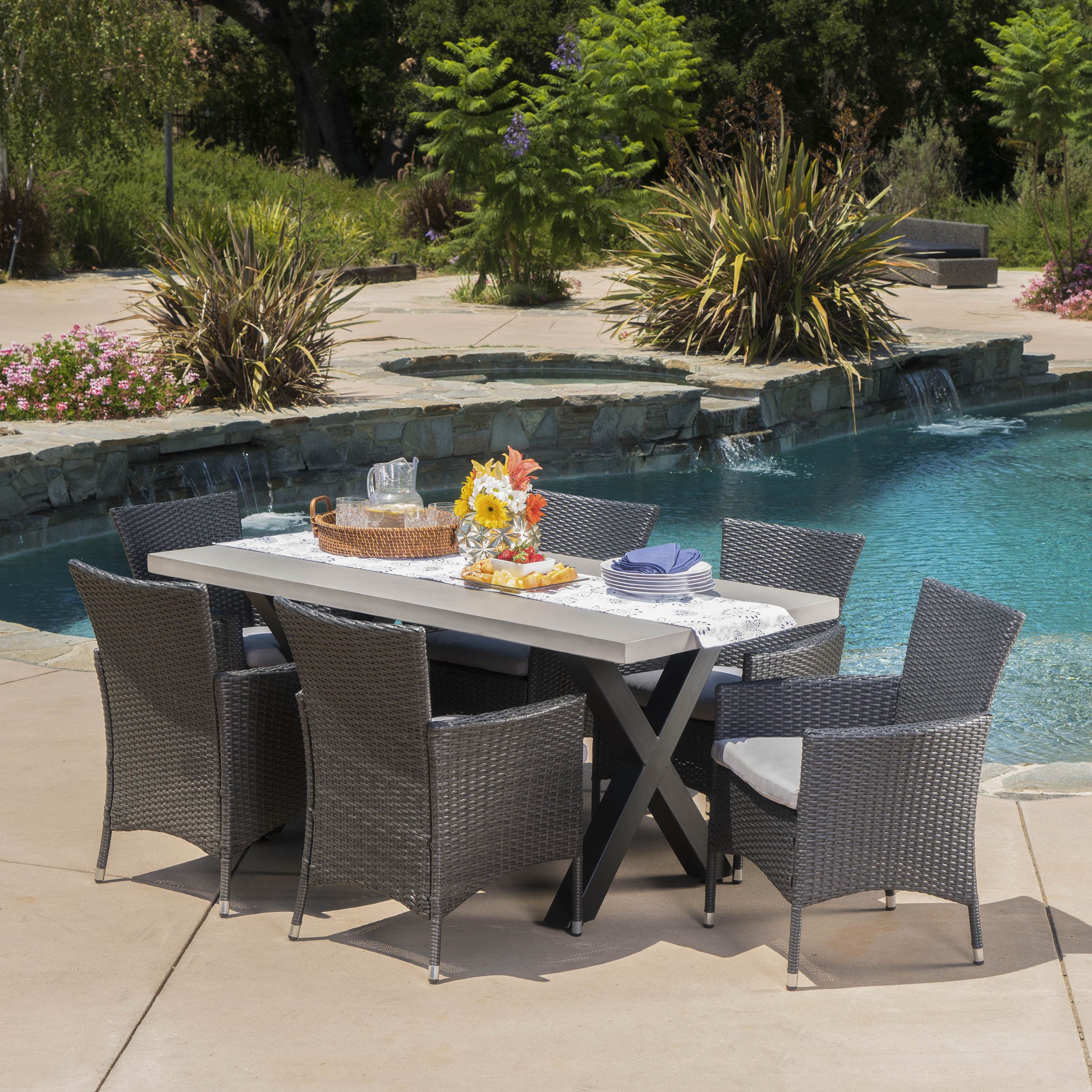 Shiloh Outdoor 7 Piece Dining Set With Concrete Rectangular Table And Intended For Widely Used Rectangular 7 Piece Patio Dining Sets (View 5 of 15)