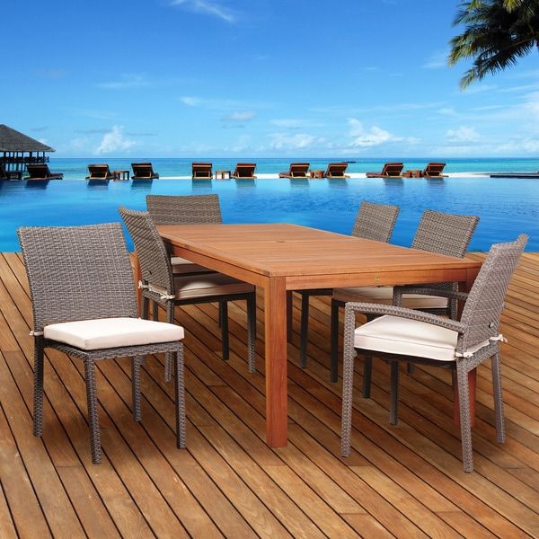 Shop Amazonia Tramonti 7 Piece Eucalyptus/wicker Rectangular Patio In Widely Used Wicker Rectangular Patio Dining Sets (View 7 of 15)