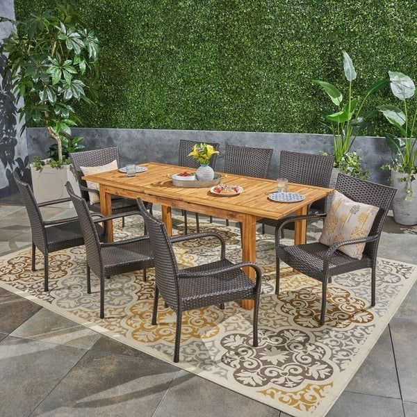 Shop Hayes Outdoor 9 Piece Wood And Wicker Expandable Dining Set Regarding Most Popular Wicker Square 9 Piece Patio Dining Sets (View 2 of 15)