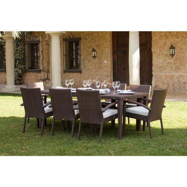 Soho Brown 9 Piece Wicker Outdoor Dining Set With Off White Cushions In Recent Brown 9 Piece Outdoor Dining Sets (View 4 of 15)