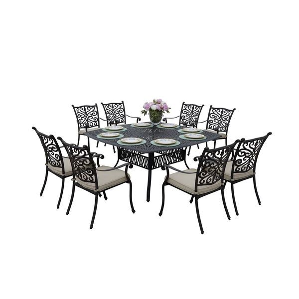 Square 9 Piece Outdoor Dining Sets Intended For Well Liked Shop Casablanca Cast Aluminum 9 Piece Square Patio Dining Set – Antique (View 15 of 15)