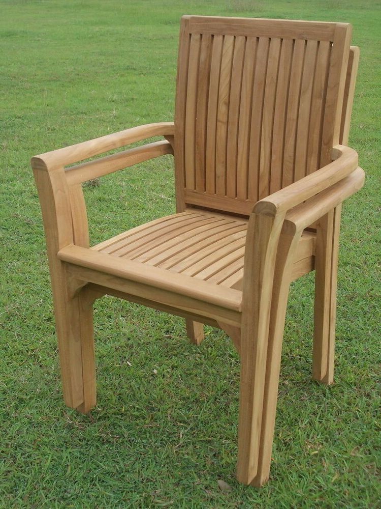 Stacking Outdoor Armchairs Sets Throughout Widely Used Qty 2 – Lua A Grade Teak Wood Dining Stacking Arm Chair Pair Outdoor (View 8 of 15)