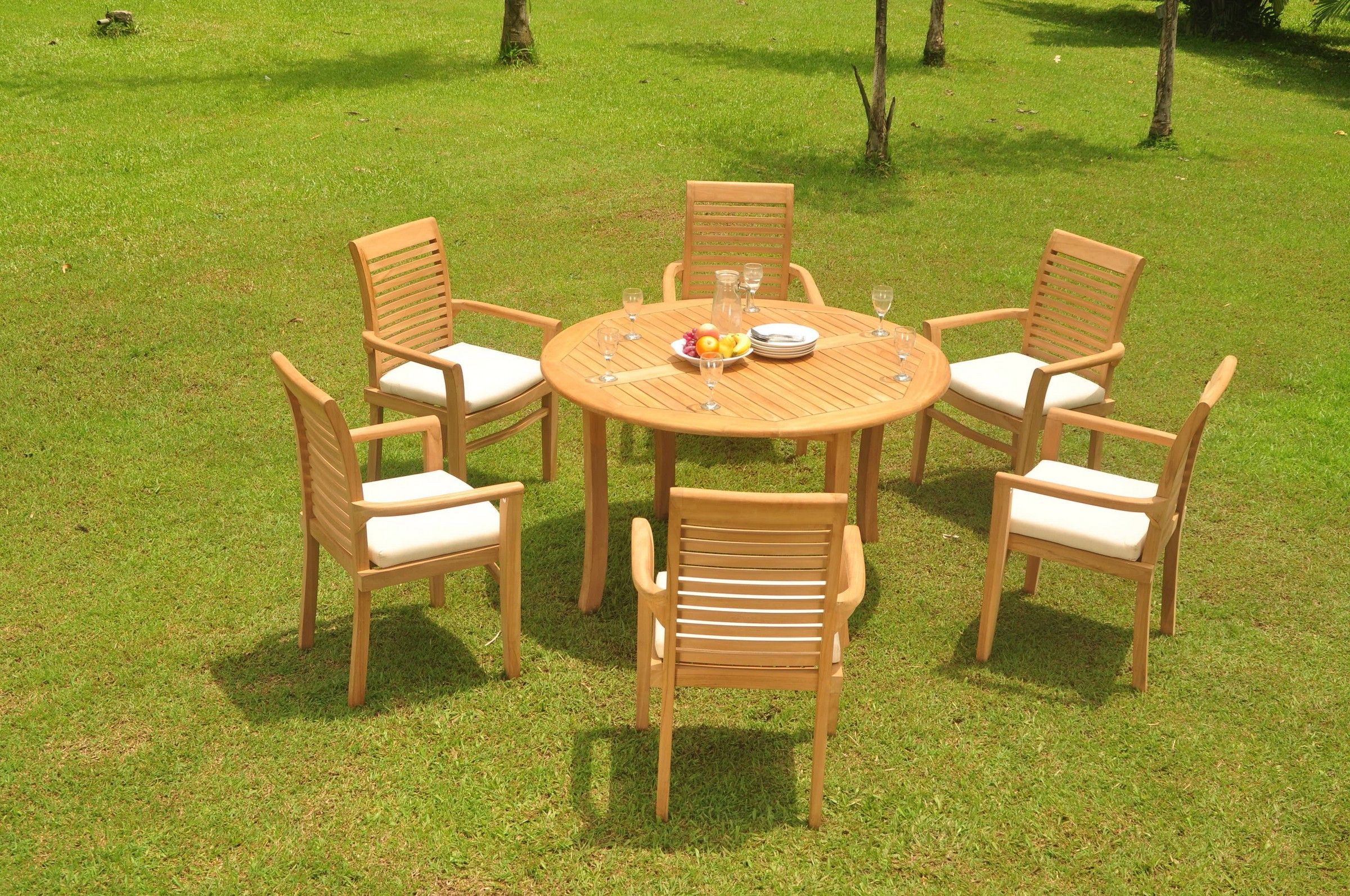 Teak Armchair Round Patio Dining Sets Inside Most Recently Released Grade A Teak Dining Set: 6 Seater 7 Pc: 52" Round Table And 6 Mas (View 2 of 15)