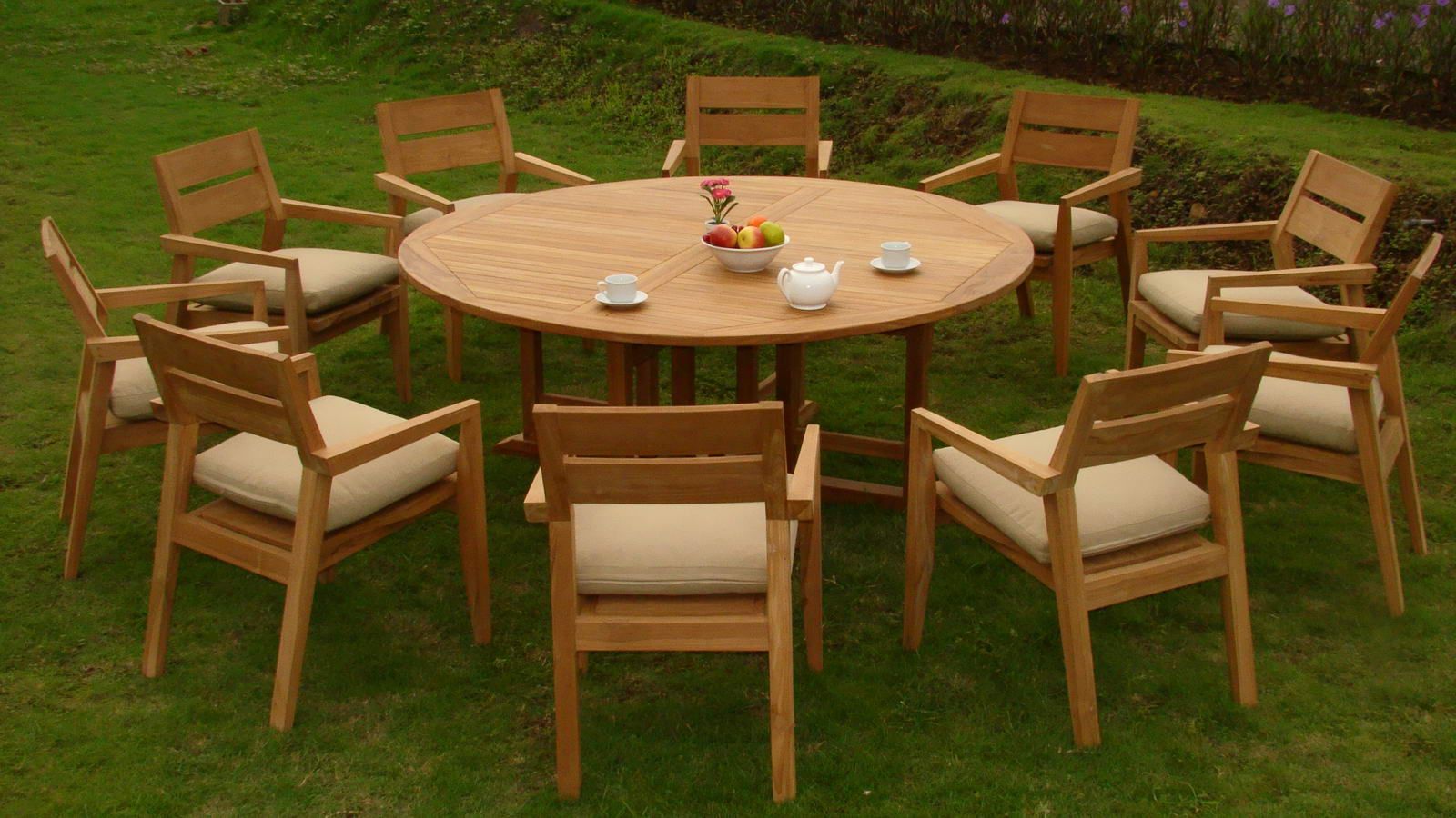 Teak Armchair Round Patio Dining Sets Intended For Famous 11 Pc A Grade Outdoor Patio Teak Dining Set – 72" Round Table &  (View 5 of 15)