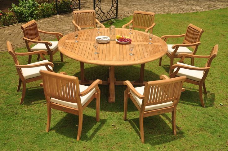 Teak Armchair Round Patio Dining Sets Pertaining To 2020 Gradea Teak Wood Dining Set 8 Seater 9 Pc: 72 Round Dining Table And  (View 6 of 15)
