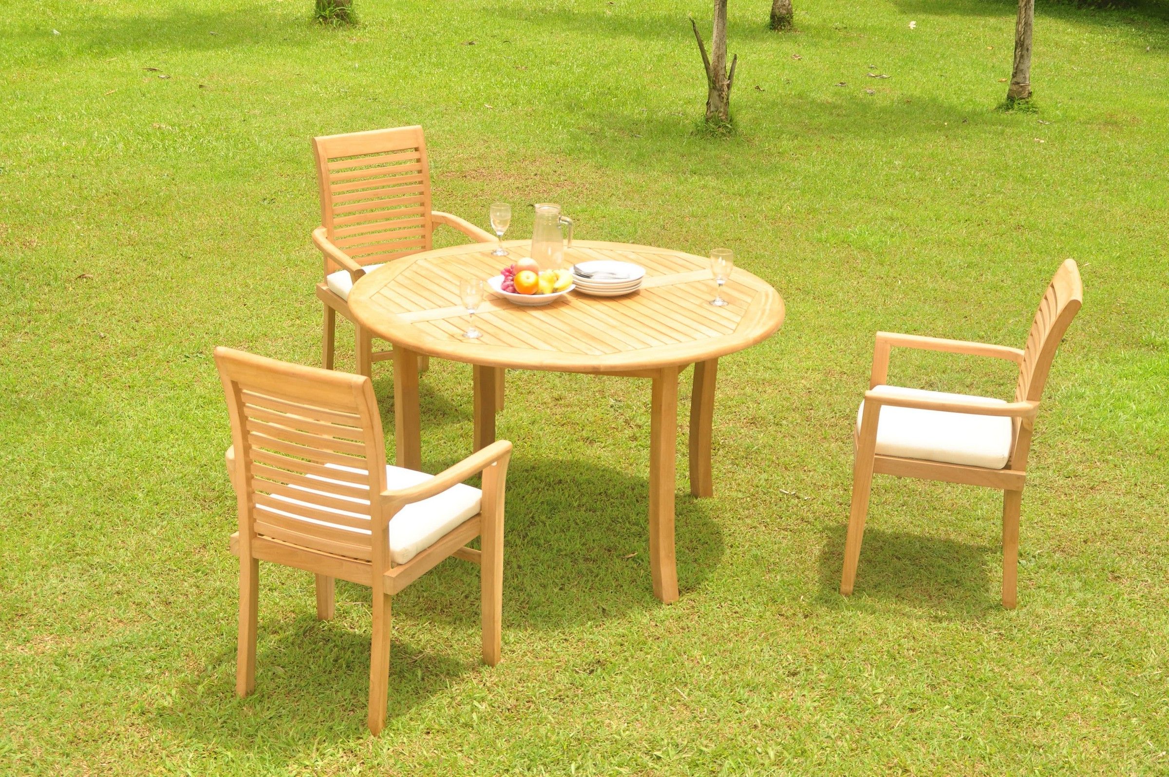 Teak Armchair Round Patio Dining Sets Regarding Most Current 4pc Grade A Teak Dining Set 52" Round Table 3 Mas Stacking Arm Chair (View 12 of 15)