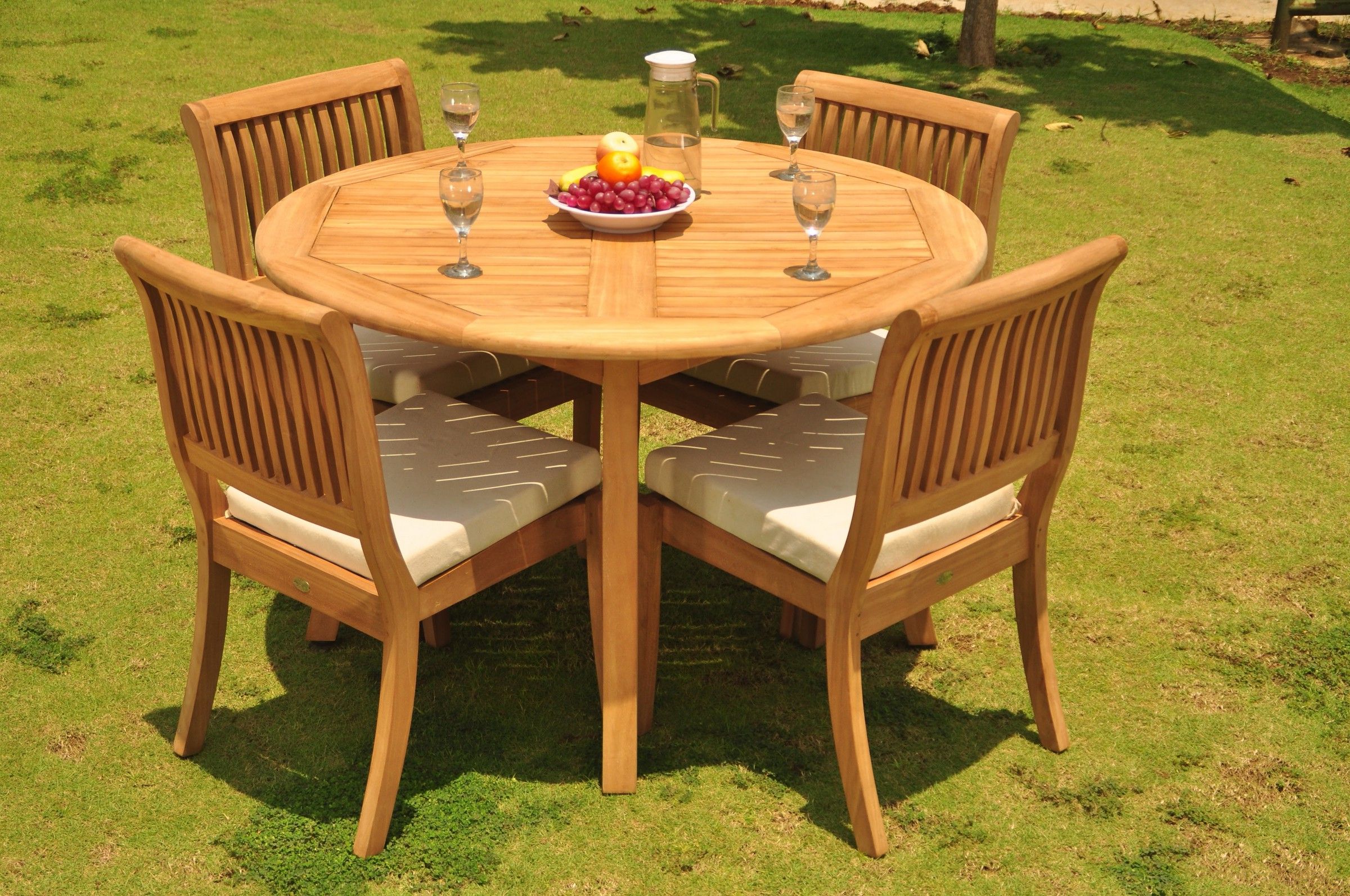 Teak Dining Set: 4 Seater 5 Pc: 48" Round Table And 4 Arbor Armless Pertaining To Latest Teak Wood Outdoor Table And Chairs Sets (View 2 of 15)
