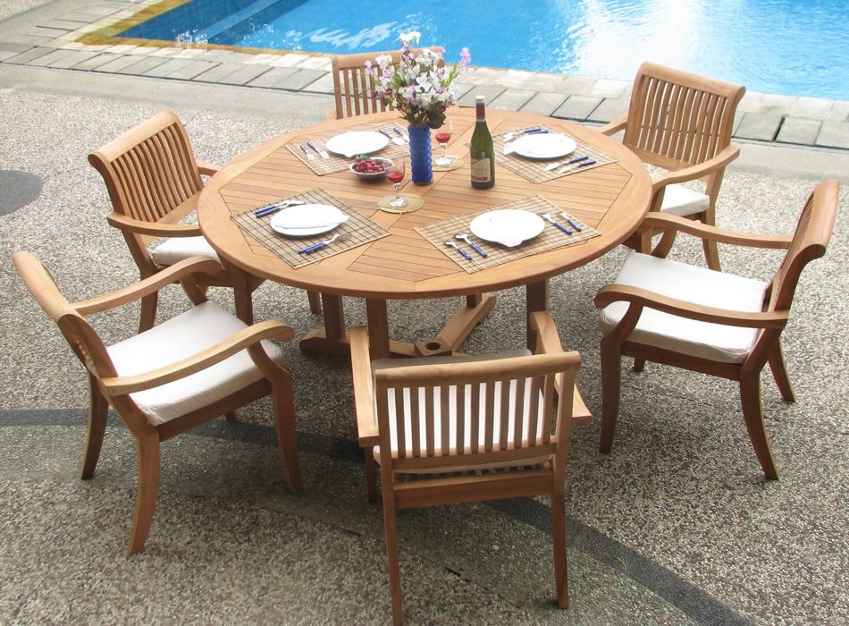 Teak Dining Set:6 Seater 7 Pc – 60" Round Table And 6 Stacking Arbor Pertaining To Favorite Teak Outdoor Loungers Sets (View 12 of 15)