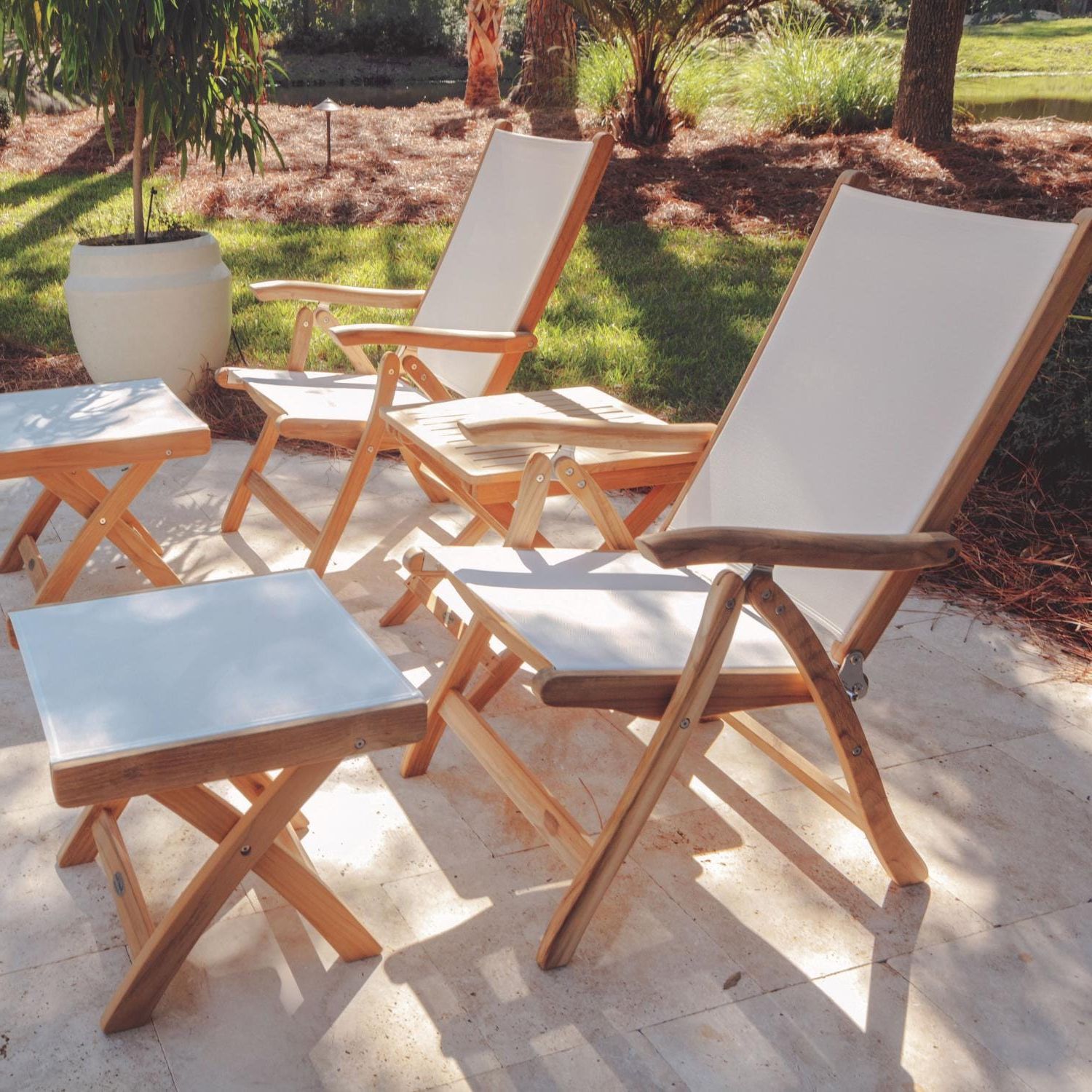 Teak Outdoor Folding Armchairs Inside Well Liked Florida Reclining & Folding Teak Patio Dining Arm Chair W/ White Sling (View 2 of 15)