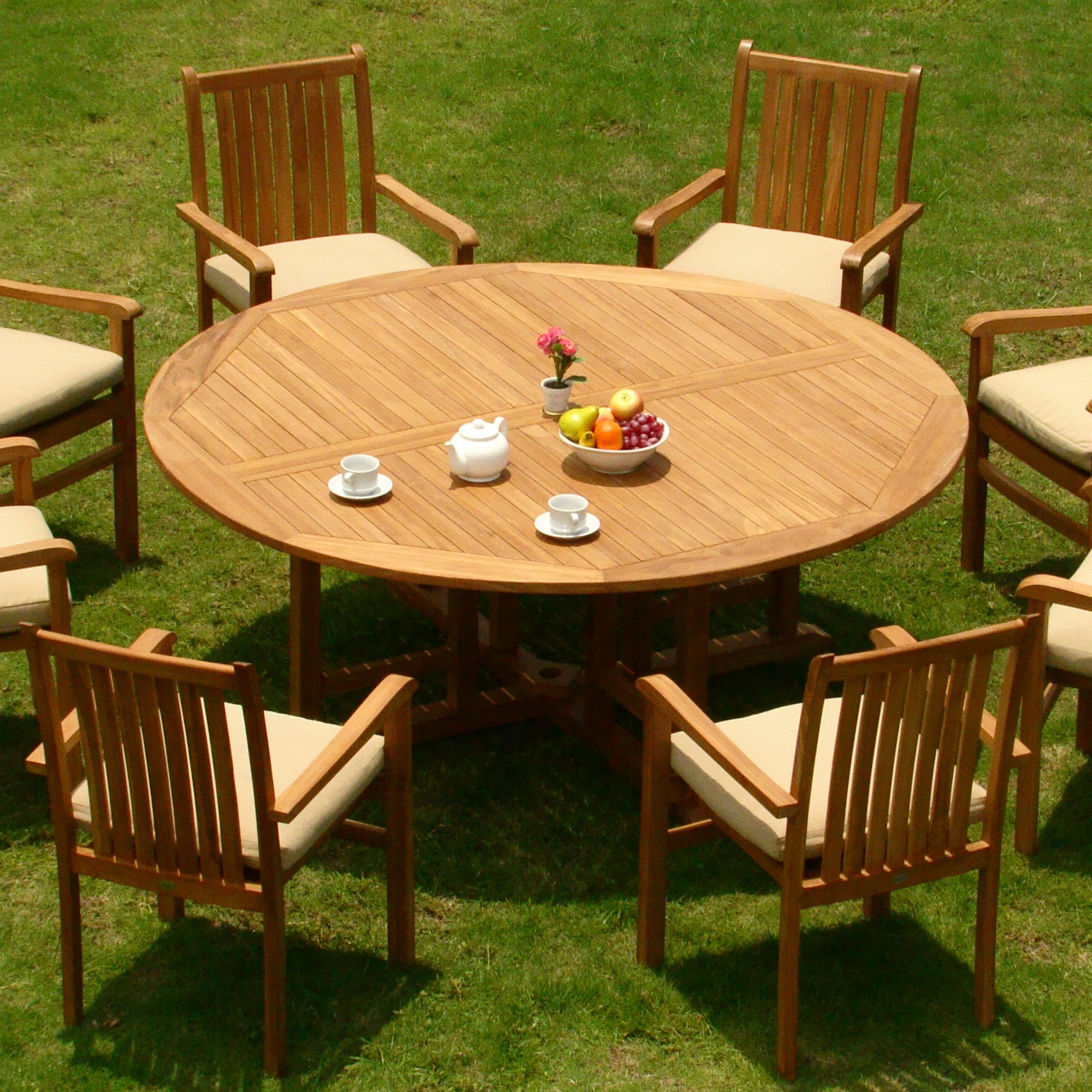 Teak Outdoor Loungers Sets Throughout Most Current Teak Dining Set:8 Seater 9 Pc  72" Round Table And 8 Cahyo Stacking Arm (View 3 of 15)
