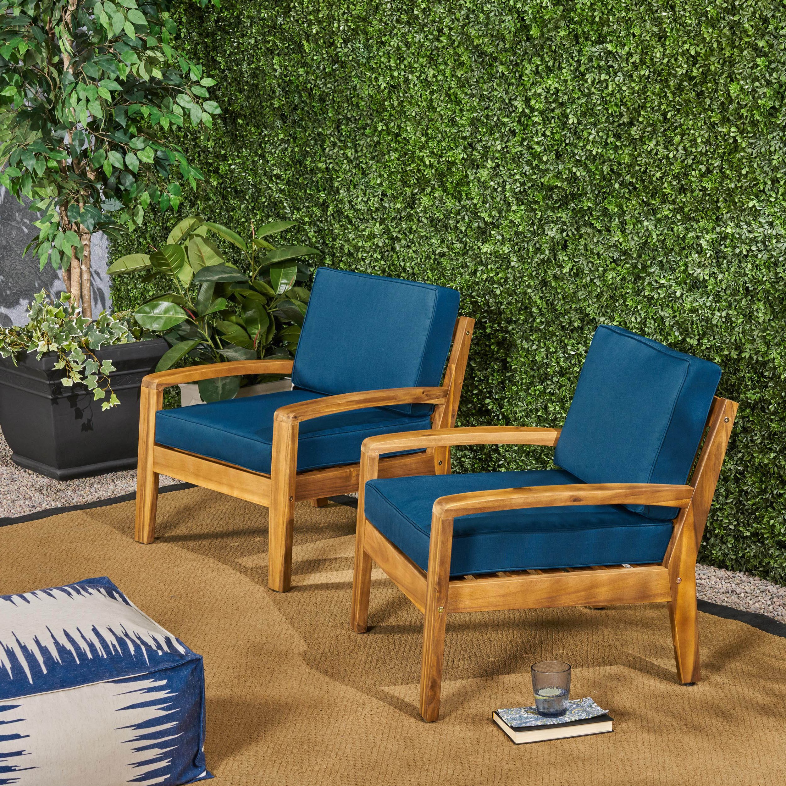 Teak Outdoor Loungers Sets Throughout Recent Wilcox Outdoor Acacia Wood Club Chairs With Cushions (set Of 2), Teak (View 9 of 15)