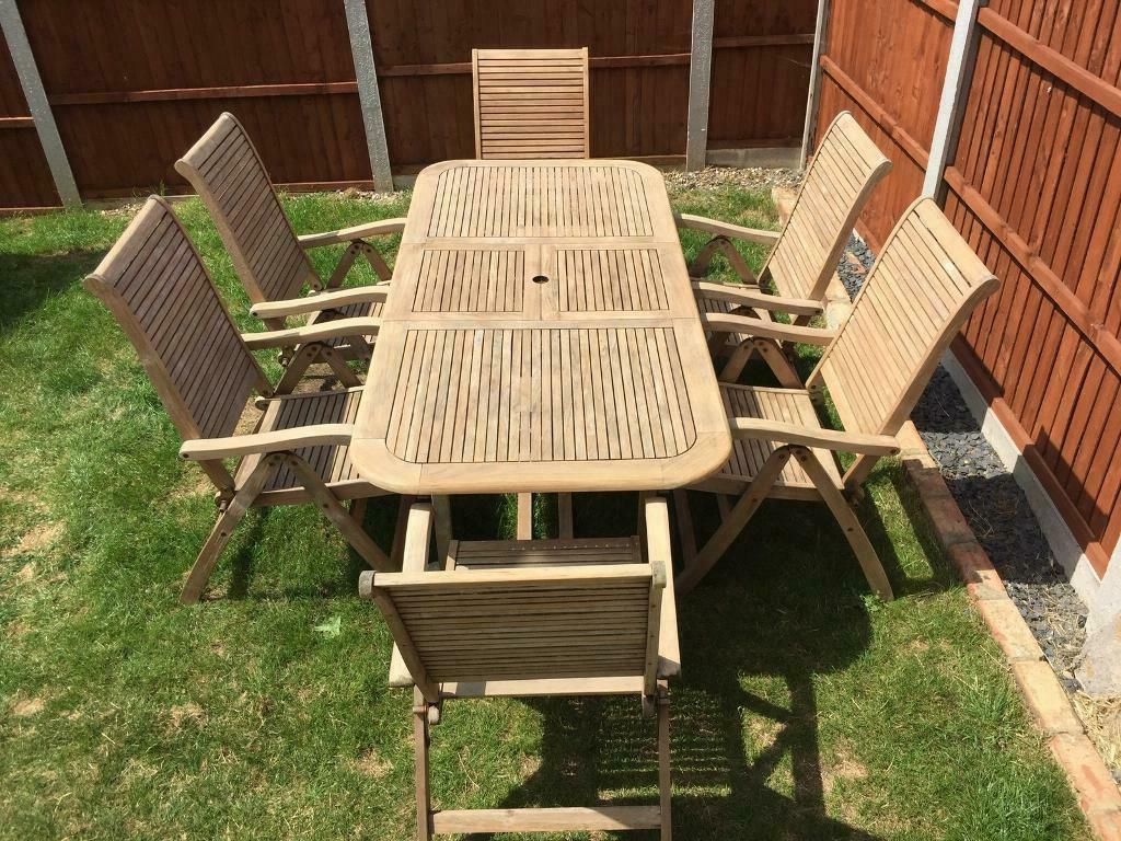Teak Outdoor Loungers Sets With Regard To Most Recently Released Stunning & Solid Teak Extendable Garden Table & 6 Reclining Chairs (View 15 of 15)