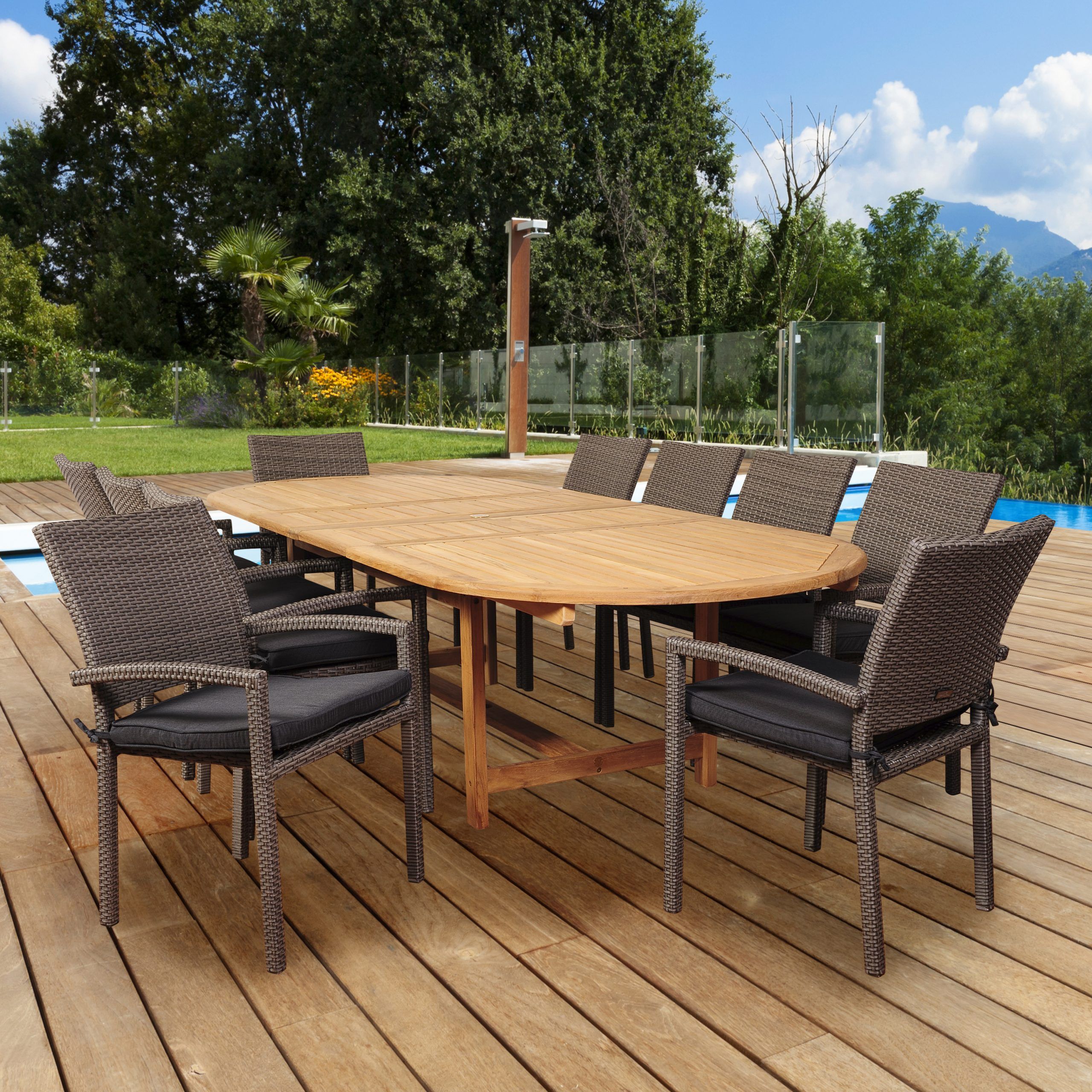 Teak Wicker Outdoor Dining Sets With Most Popular Amazonia City Villa 11 Piece Teak/wicker Double Extendable Oval Dining (View 6 of 15)